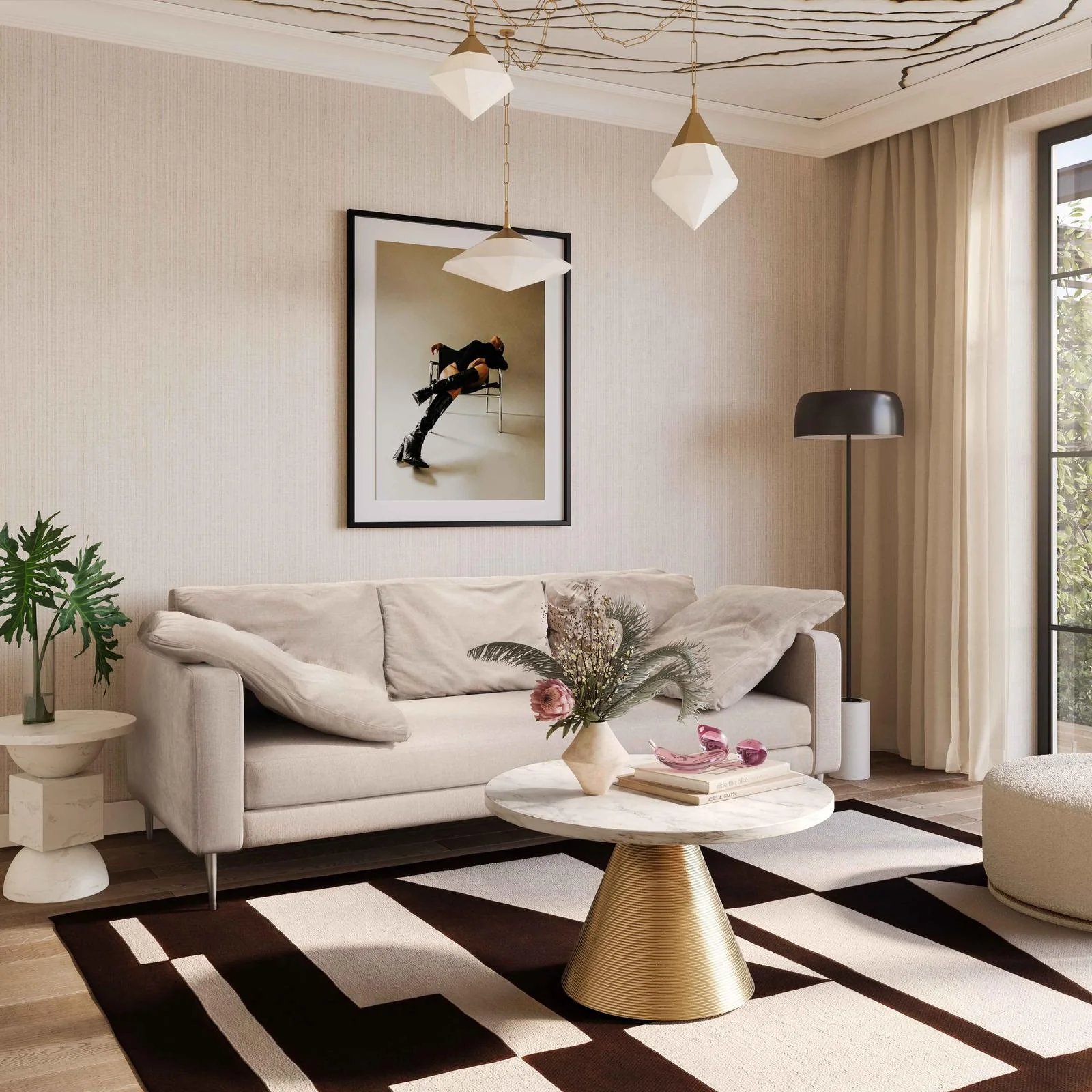 Vari Beige Textured Velvet Lounge Sofa - Image 2