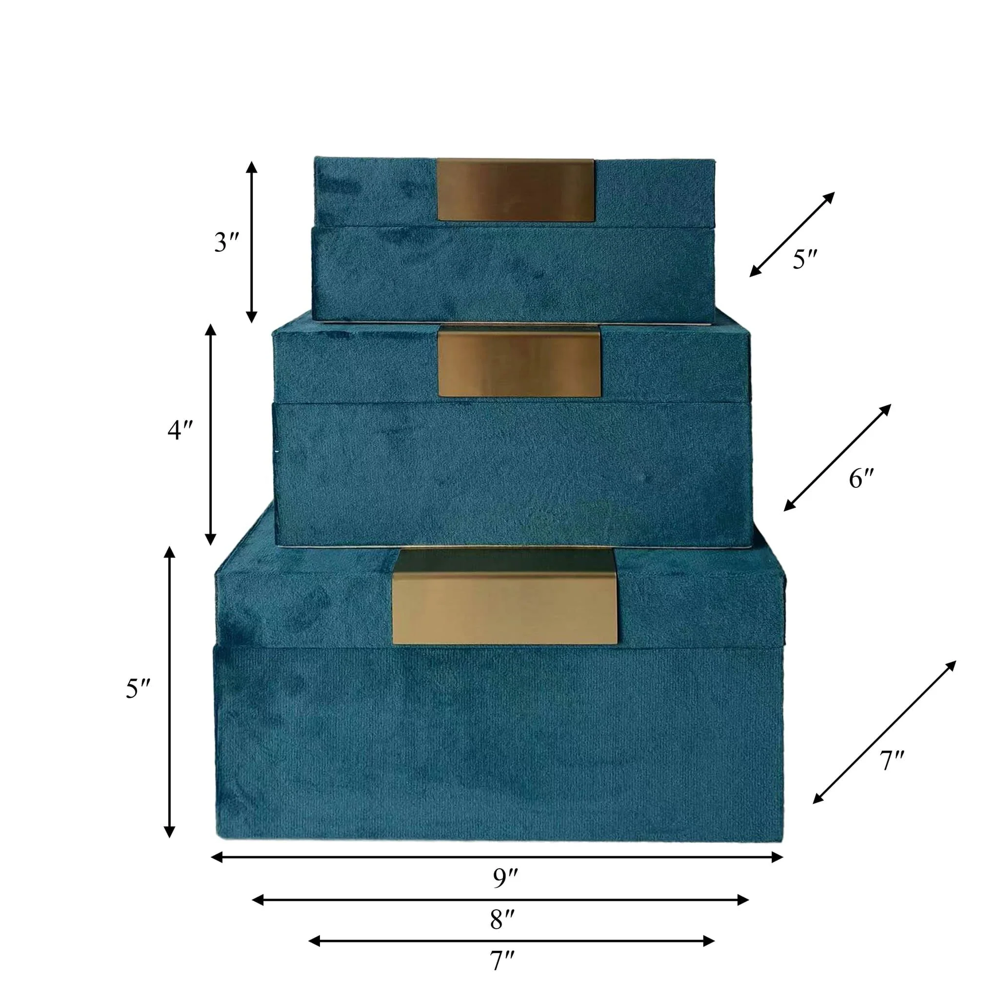 Velvet,s/3 7/8/9"l,jewelry Boxes,teal/gold - Image 2