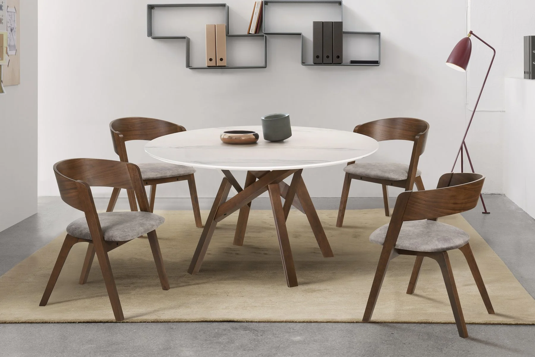Venus 54" Round Mid-Century Modern White Marble Dining Table with Walnut Wood Legs - Image 5