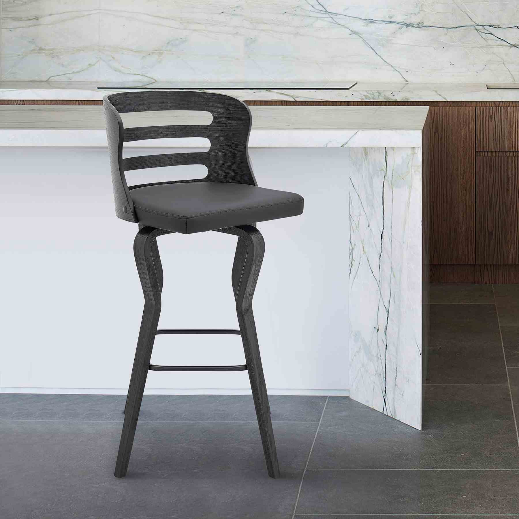 Verne 30" Swivel Gray Faux Leather and Black Wood Bar Stool - Image 8