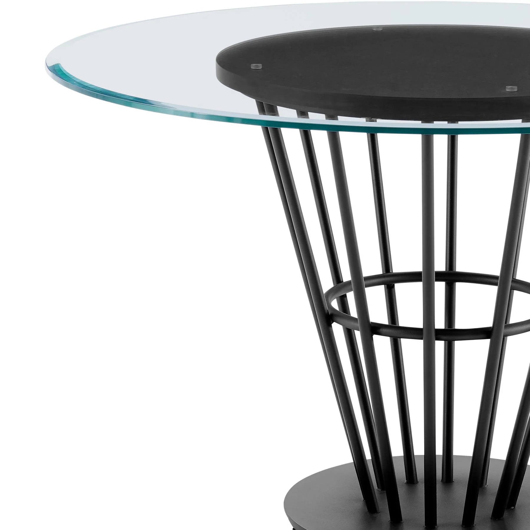 Veronica 48" Round Dining Table in Black Iron Base with Walnut Panel and Glass Tabletop - Image 4