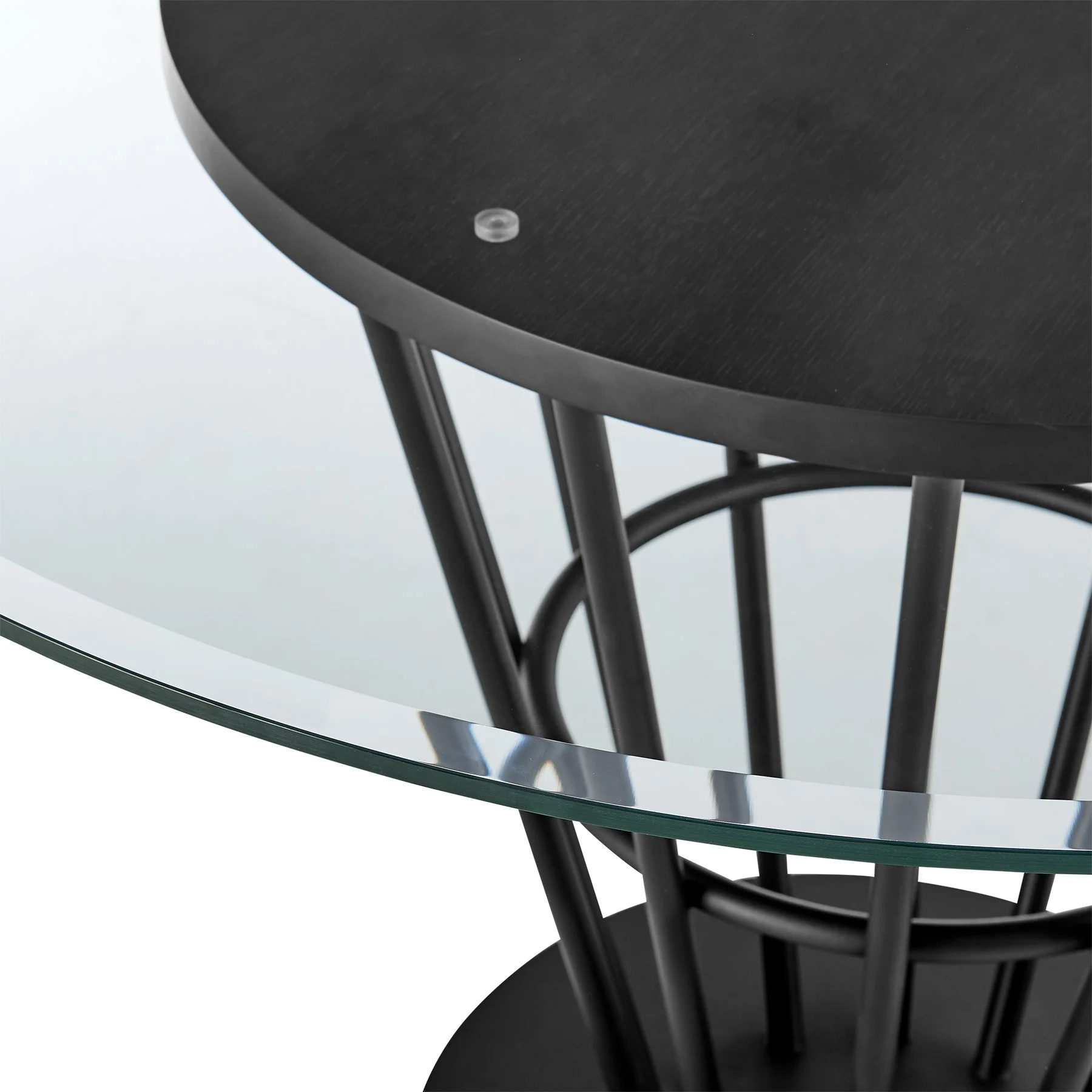 Veronica 48" Round Dining Table in Black Iron Base with Walnut Panel and Glass Tabletop - Image 5