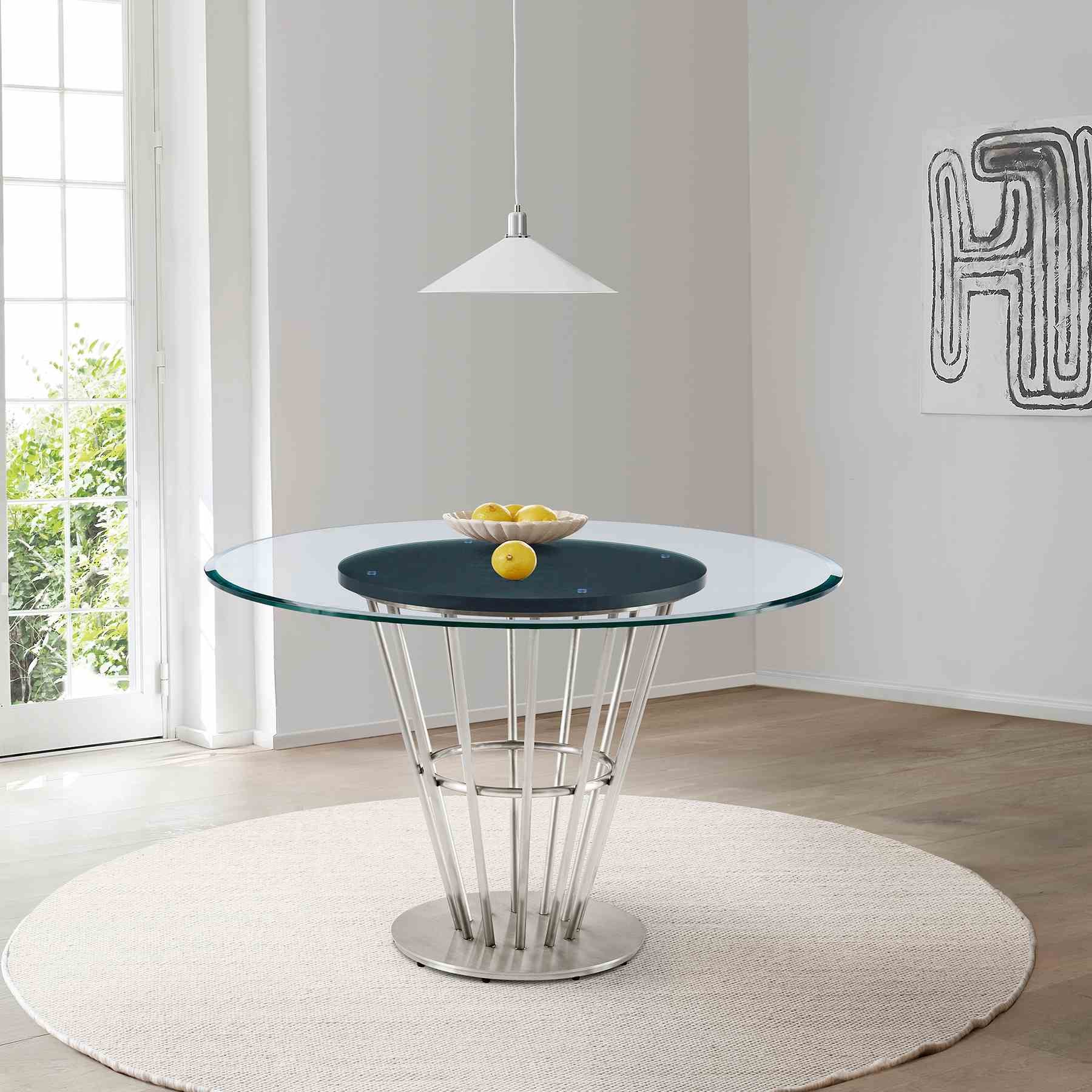 Veronica 48" Round Dining Table in Brushed Stainless Steel Base with Walnut Panel and Glass Tabletop - Image 8