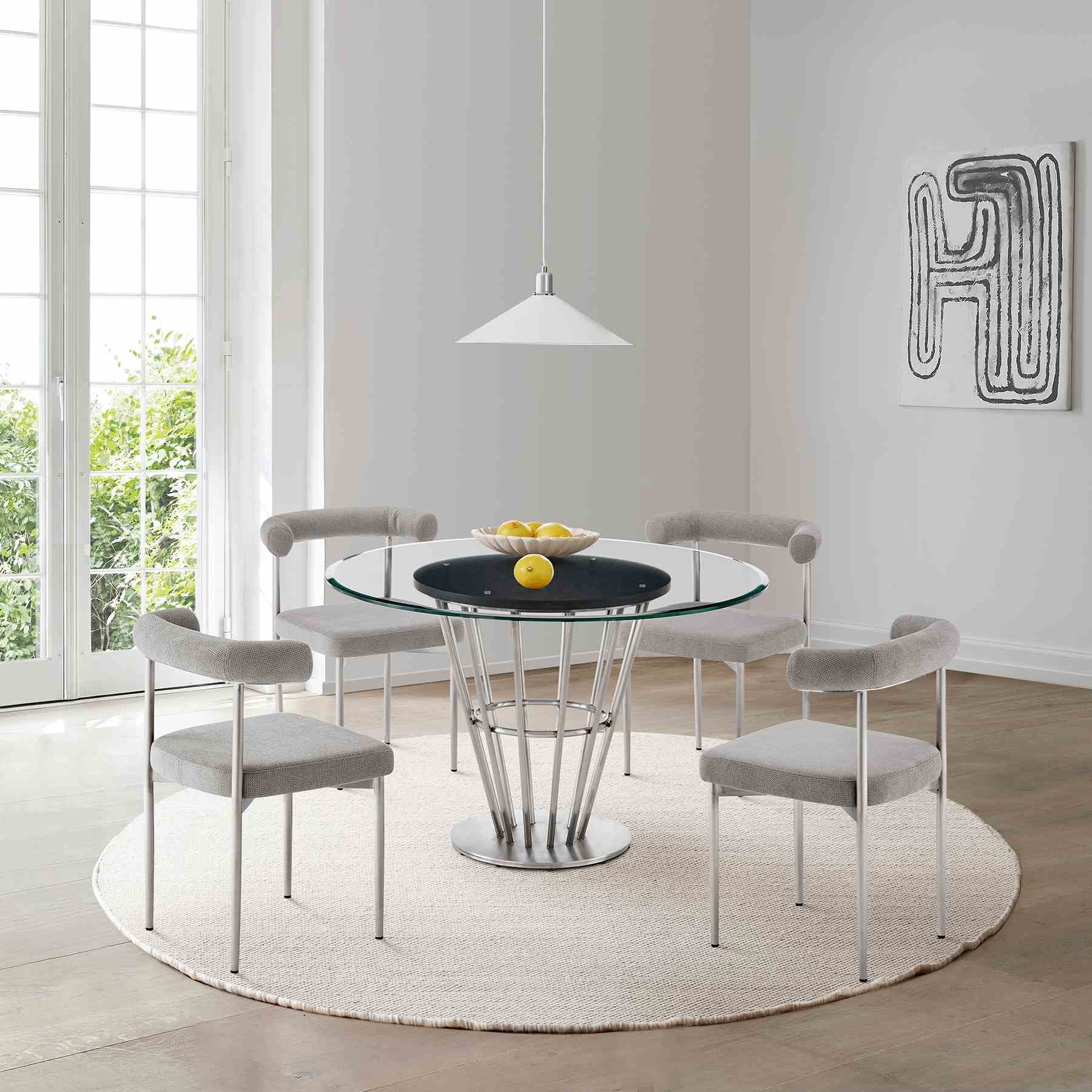 Veronica 48" Round Dining Table in Brushed Stainless Steel Base with Walnut Panel and Glass Tabletop - Image 9