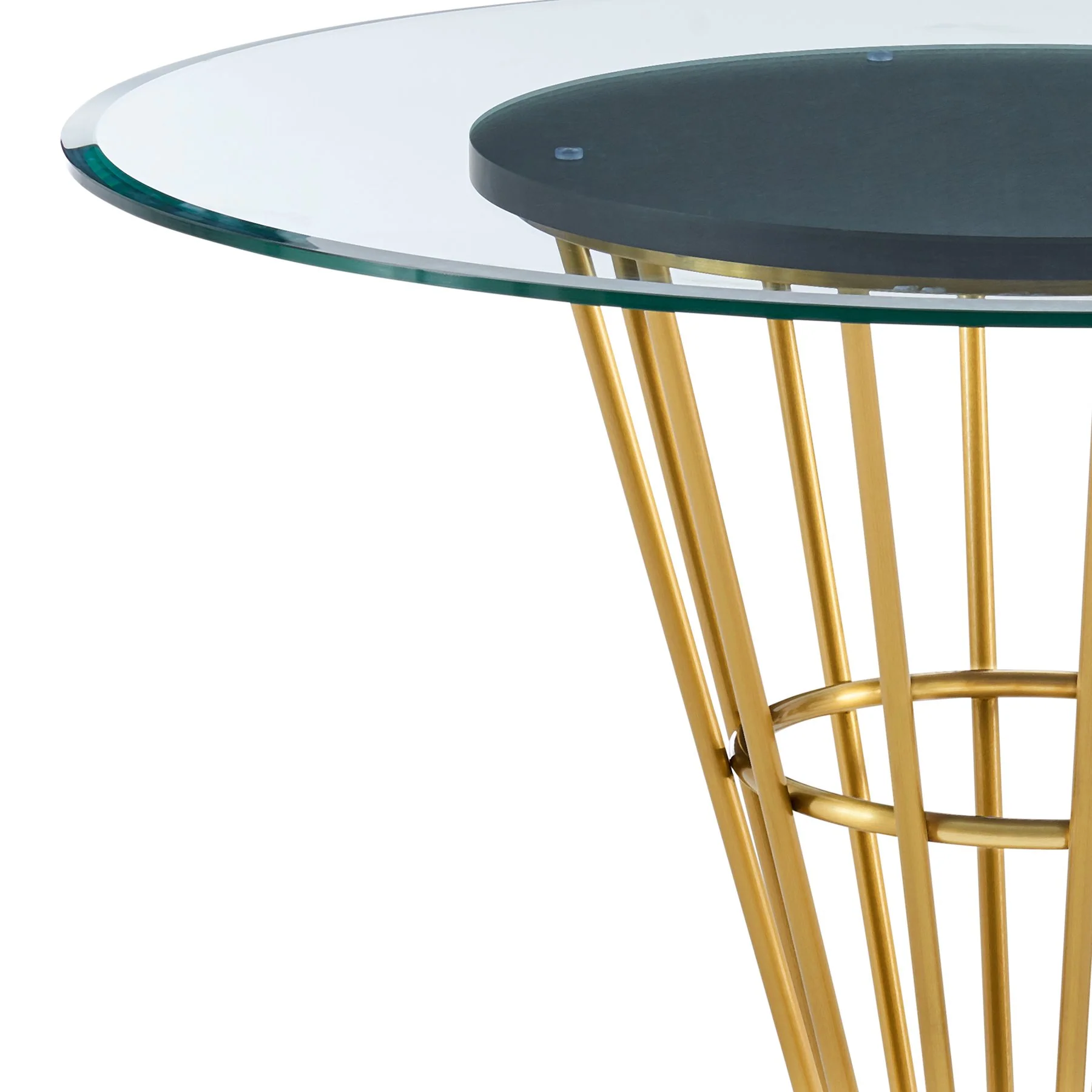 Veronica 48" Round Dining Table in Gold Stainless Steel Base with Walnut Panel and Glass Tabletop - Image 4