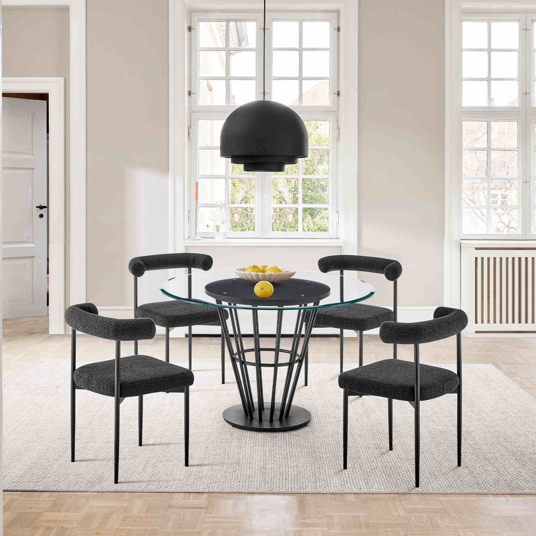 Veronica Shannon 5 Piece Round Glass Dining Table Set with Matte Black Iron and Black Fabric - Image 10