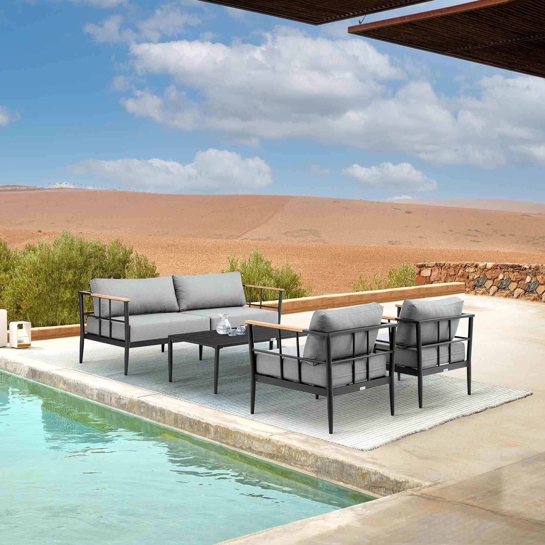 Veyda Outdoor Patio 4-Piece Lounge Set in Aluminum with Teak Wood and Gray Cushions - Image 11