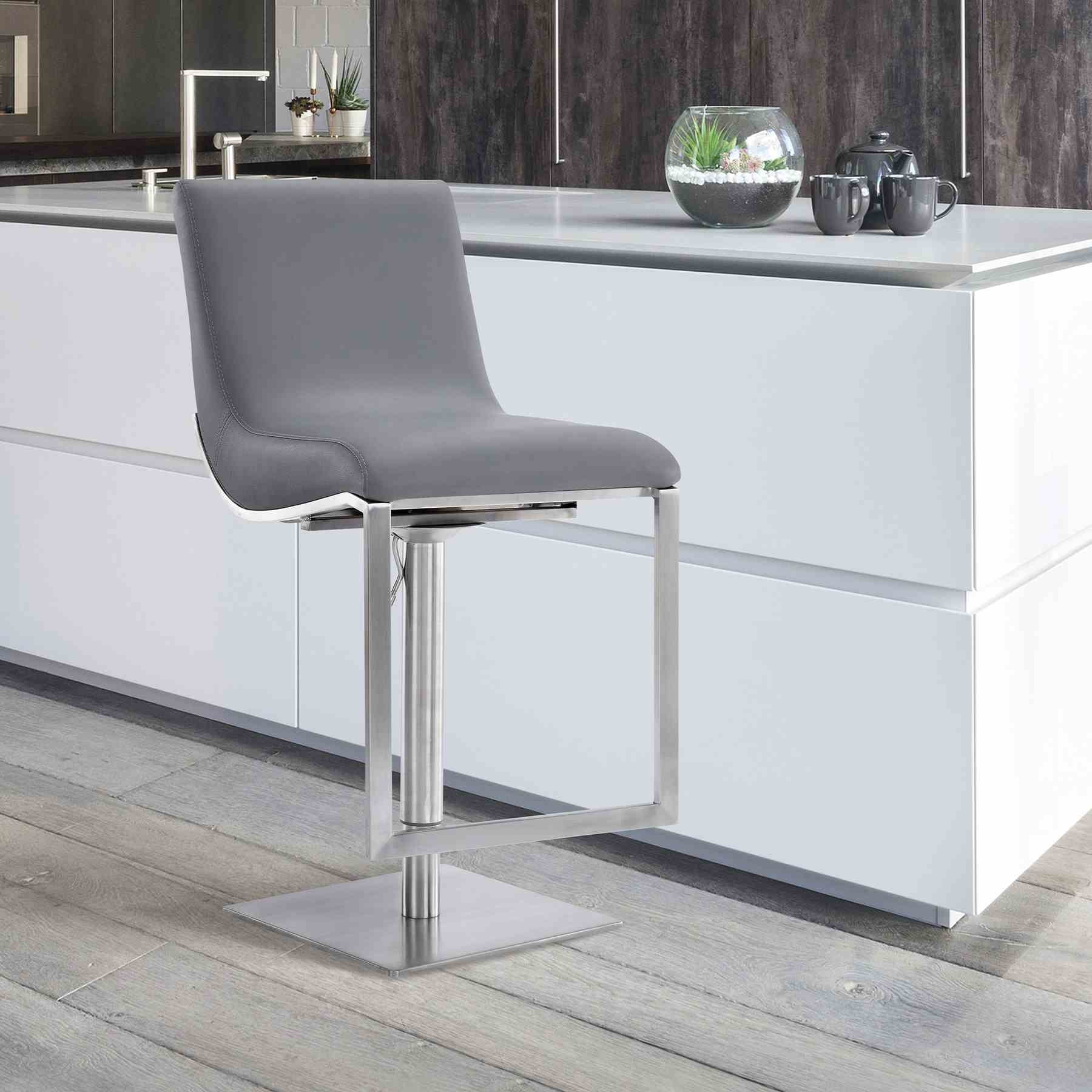 Victory Contemporary Swivel Barstool in Brushed Stainless Steel and Gray Faux Leather - Image 8