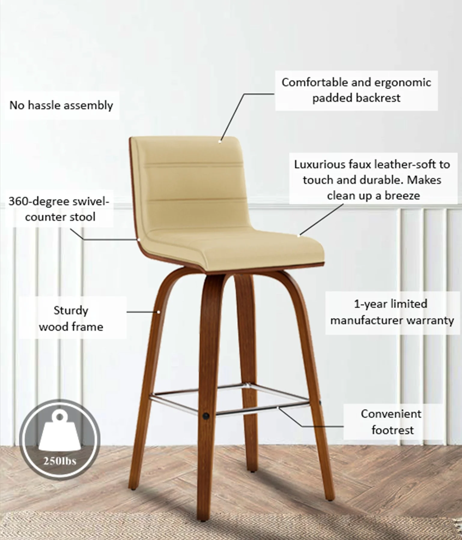 Vienna 26" Swivel Counter Stool in Walnut Wood Finish with Cream Faux Leather - Image 13