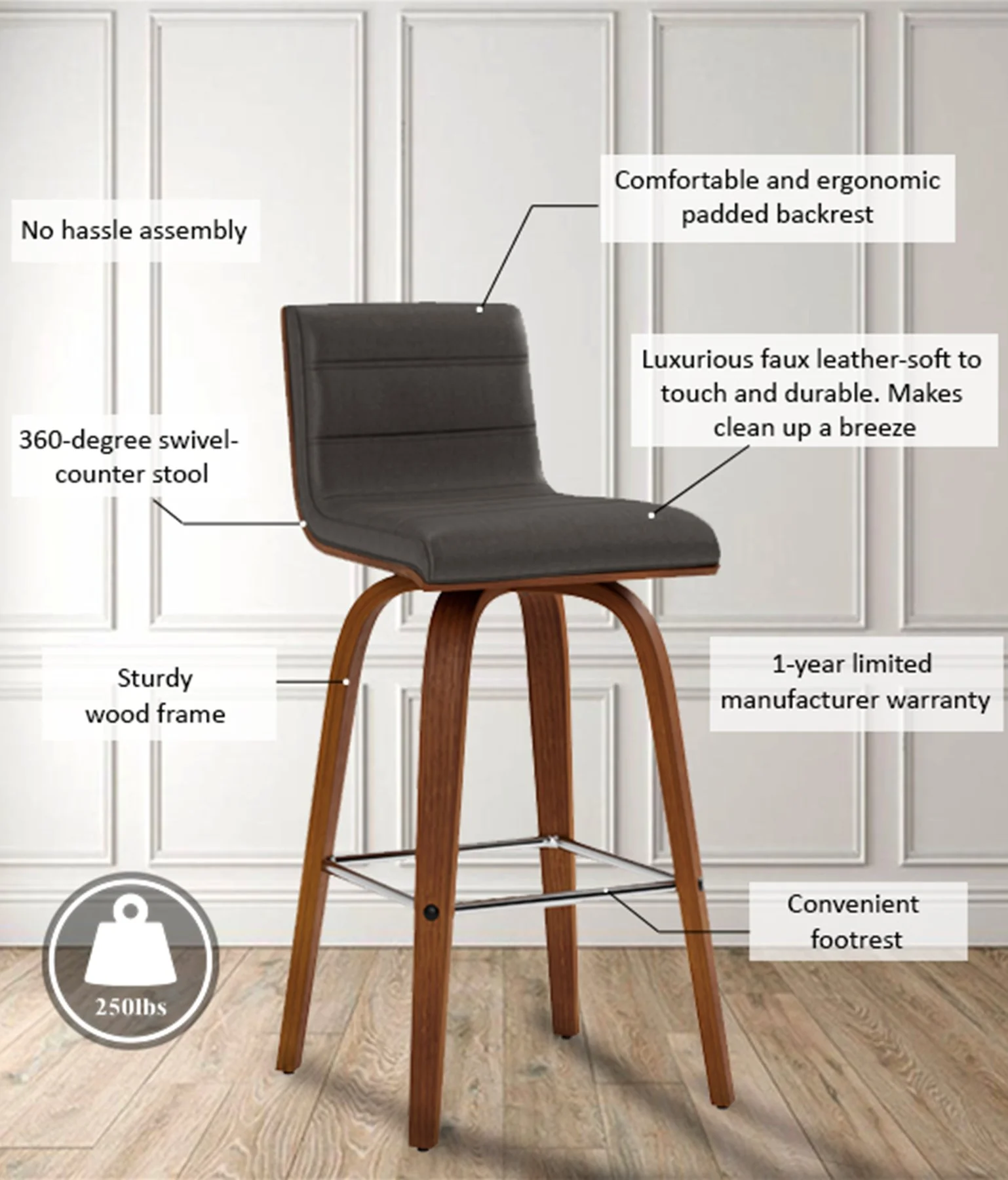Vienna 26" Swivel Counter Stool in Walnut Wood Finish with Gray Faux Leather - Image 13