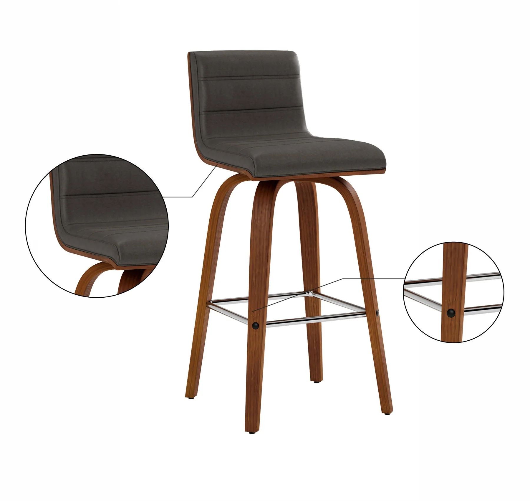 Vienna 26" Swivel Counter Stool in Walnut Wood Finish with Gray Faux Leather - Image 9