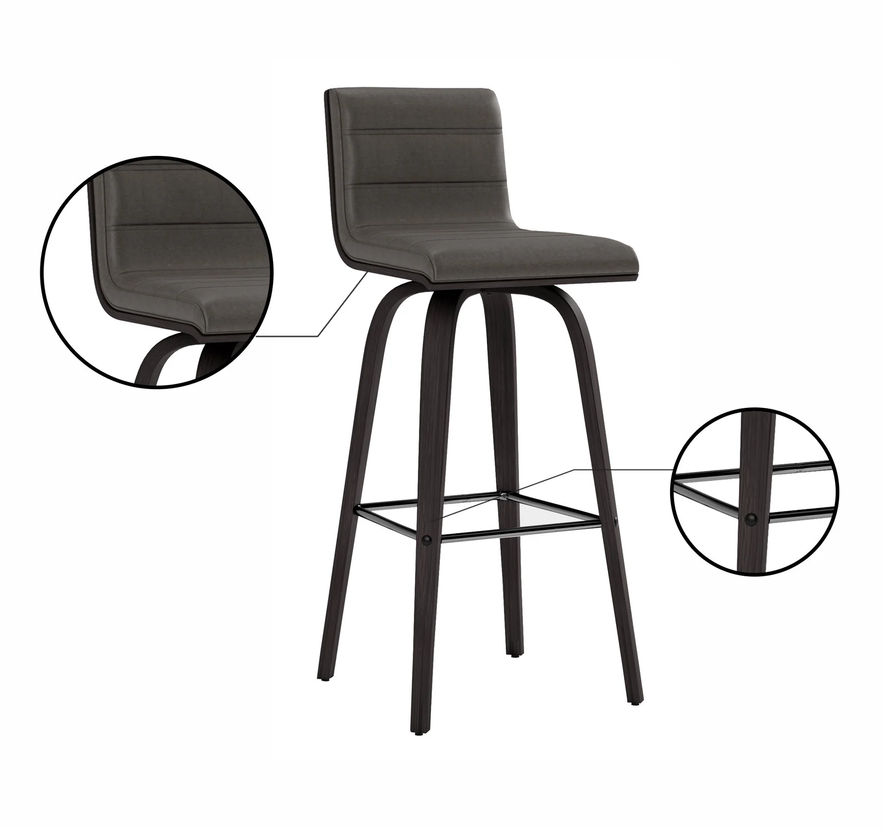 Vienna 30" Swivel Bar Stool in Black Wood Finish with Gray Faux Leather - Image 7