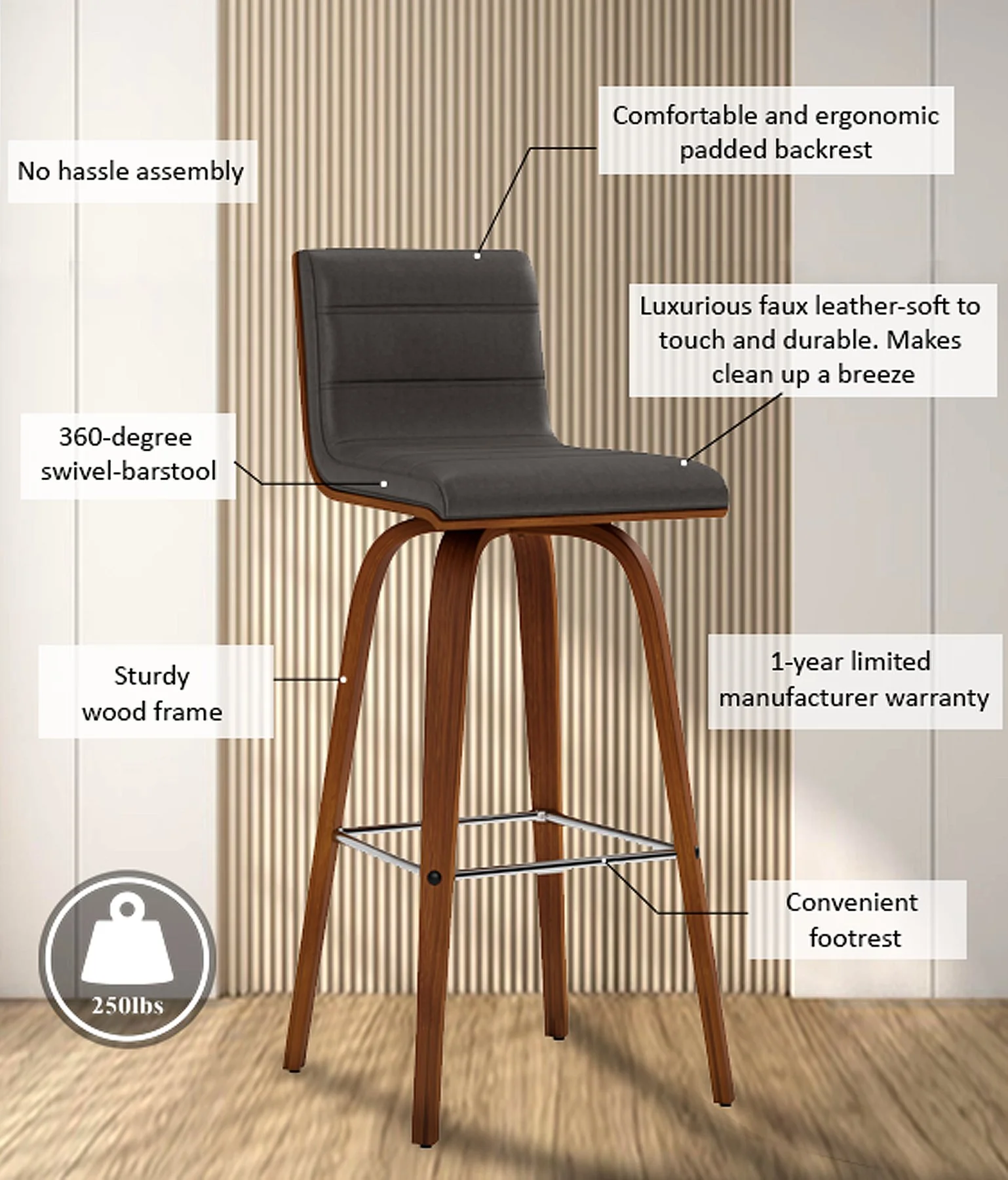 Vienna 30" Swivel Bar Stool in Walnut Wood Finish with Gray Faux Leather - Image 13