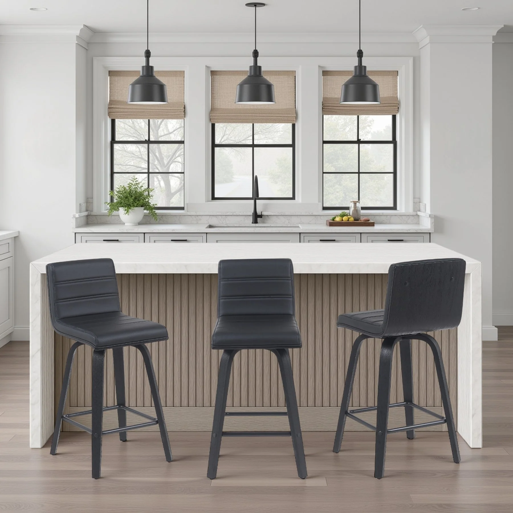 Vienna Modern Counter Height Swivel Bar Stool with Black Faux Leather Seat and Black Brushed Wood Frame - Image 8