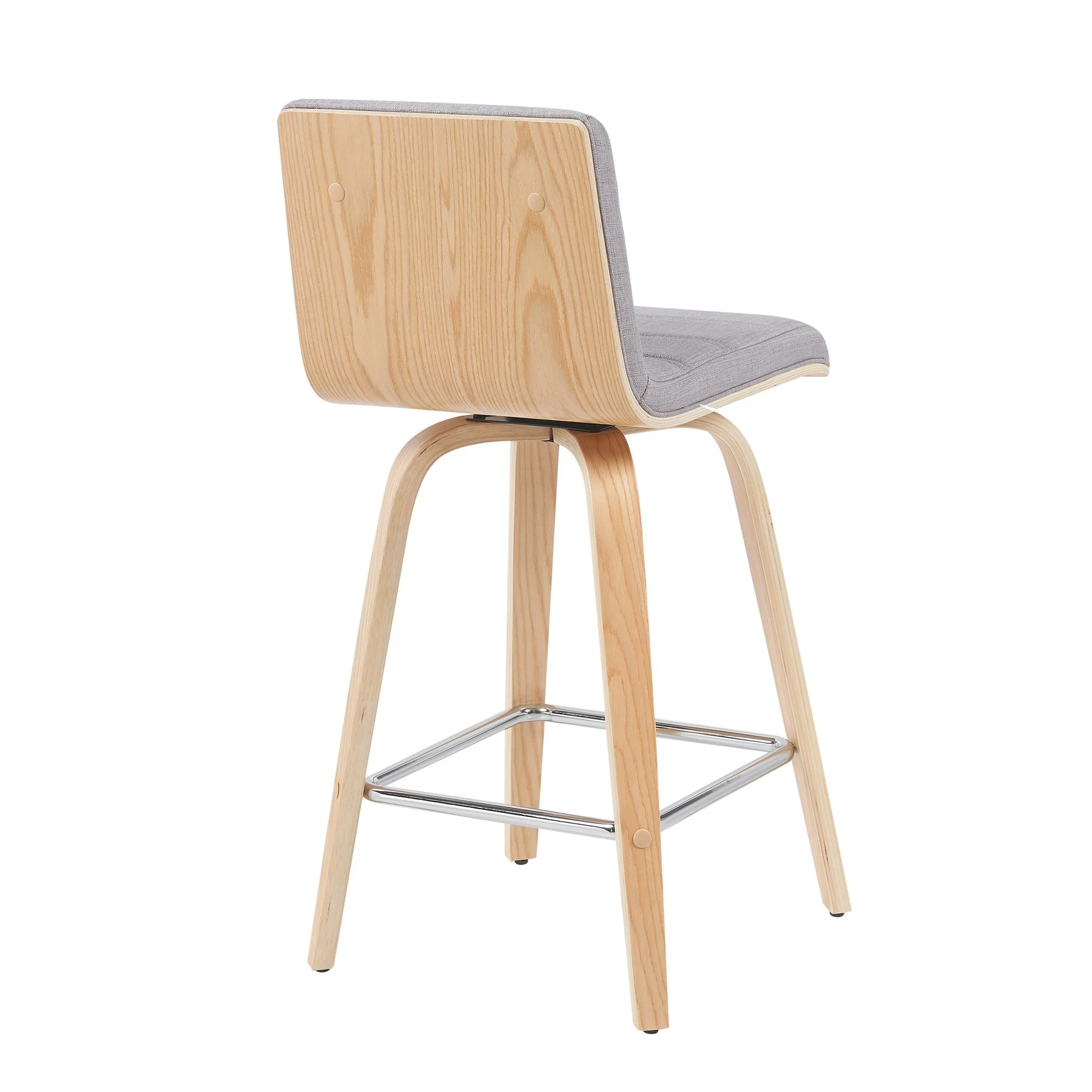Vienna Modern Counter Height Swivel Bar Stool with Grey Upholstered Seat and Patterned Oak Wood Frame - Image 3
