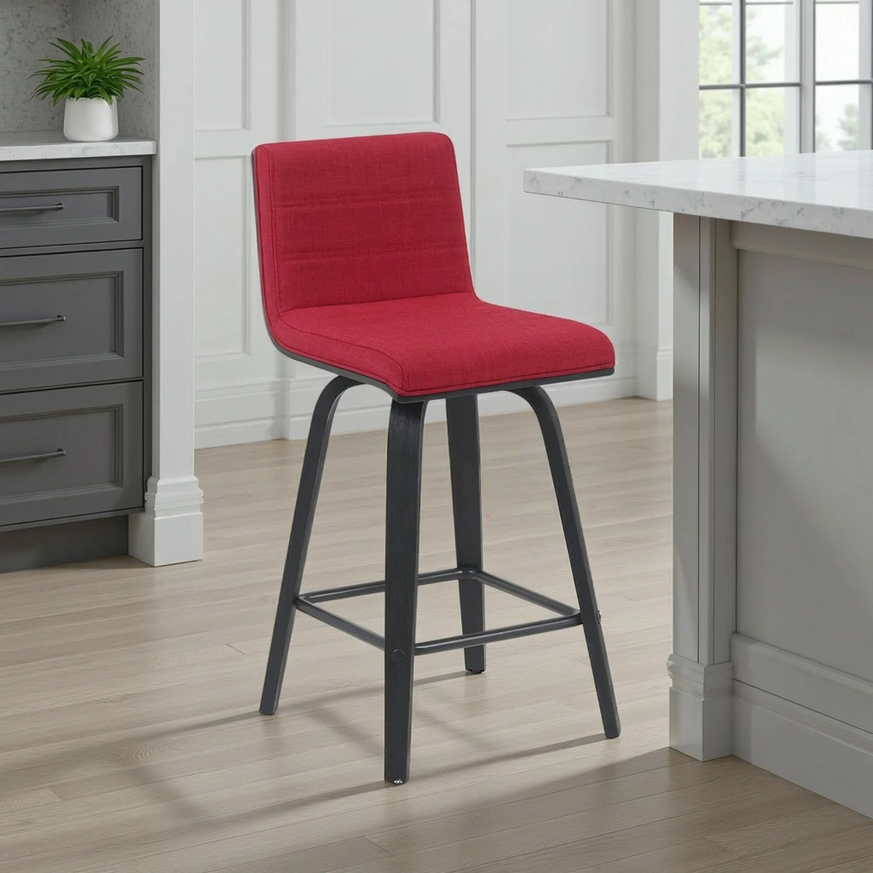 Vienna Modern Counter Height Swivel Bar Stool with Red Upholstered Seat and Brushed Wood Frame - Image 7