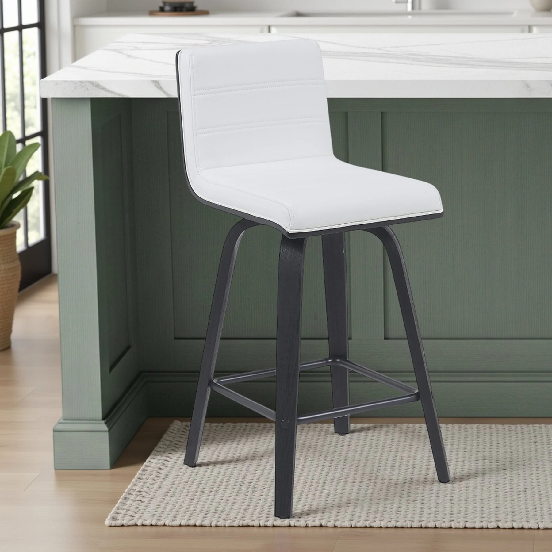 Vienna Modern Counter Height Swivel Bar Stool with Snow White Faux Leather Seat and Black Brushed Wood Frame - Image 7