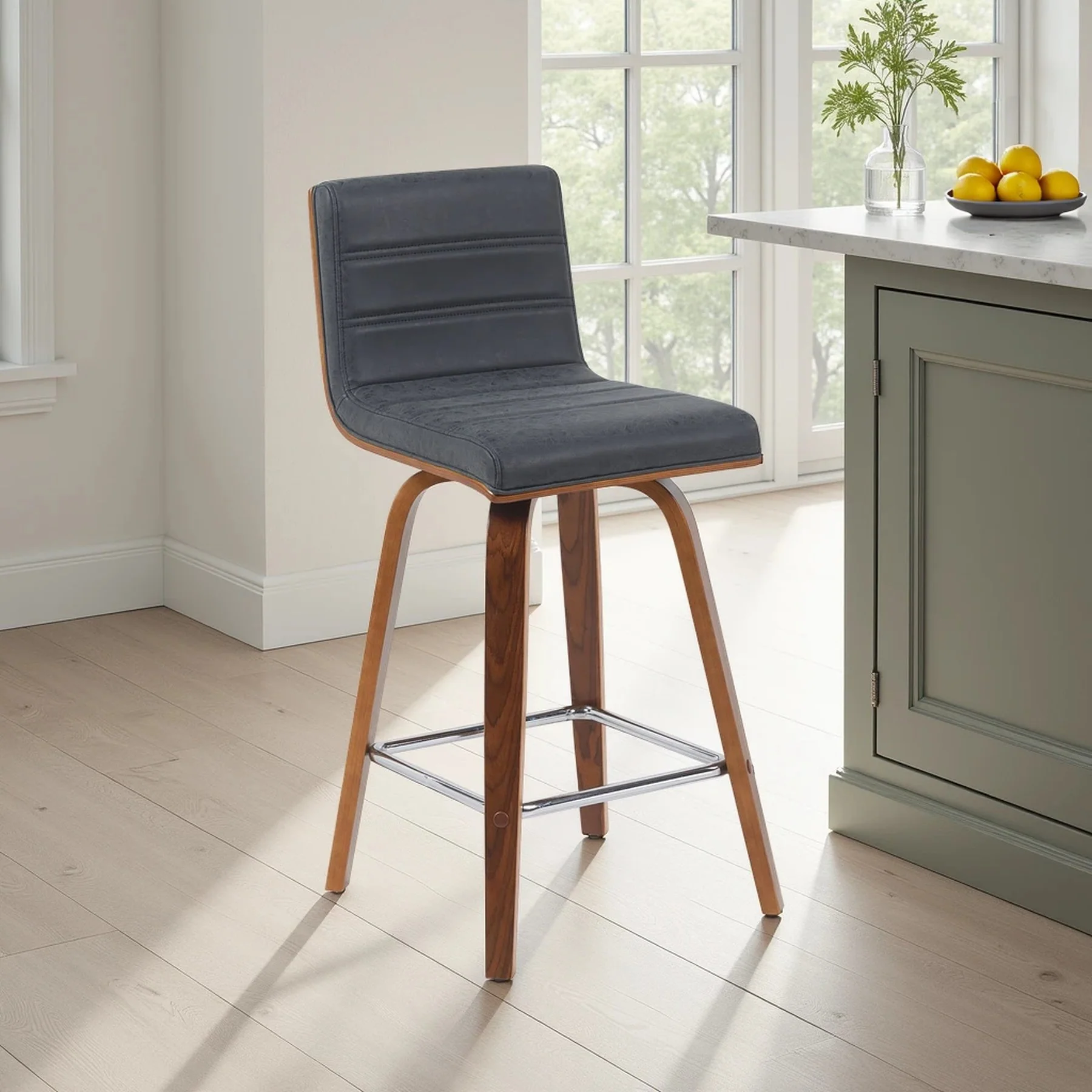 Vienna Modern Counter Height Swivel Bar Stool with Vintage Black Upholstered Seat and Walnut Finished Wood Frame - Image 7