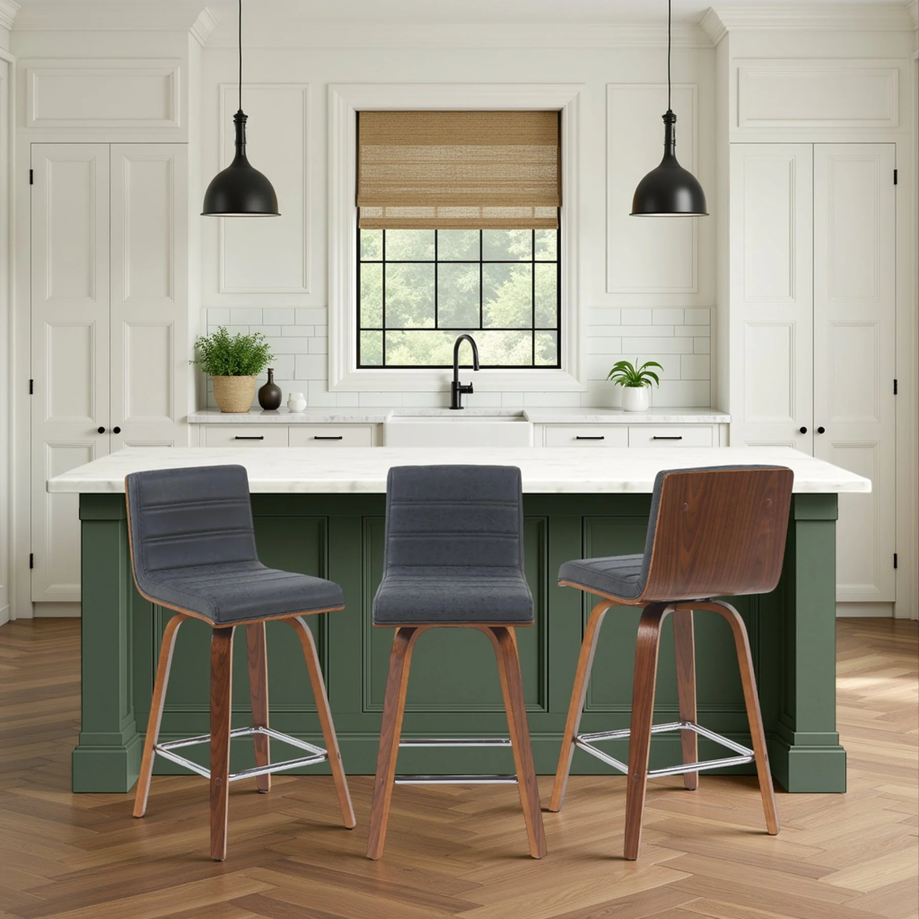 Vienna Modern Counter Height Swivel Bar Stool with Vintage Black Upholstered Seat and Walnut Finished Wood Frame - Image 8