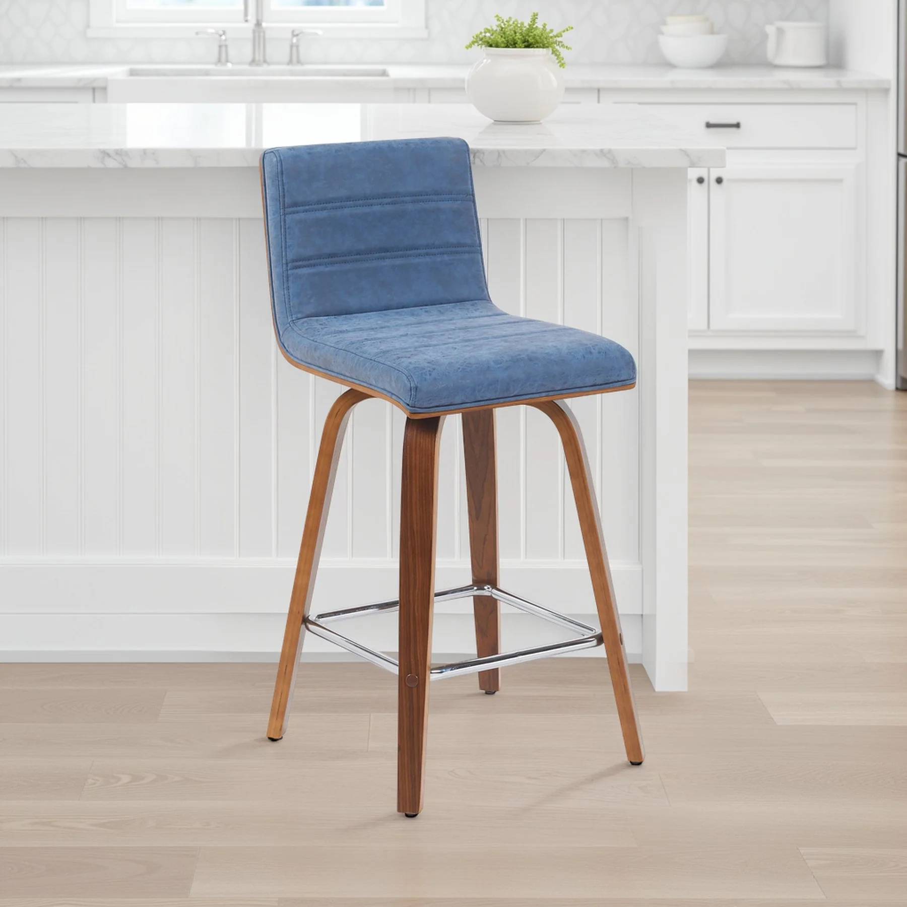 Vienna Modern Counter Height Swivel Bar Stool with Vintage Blue Upholstered Seat and Walnut Finished Wood Frame - Image 7