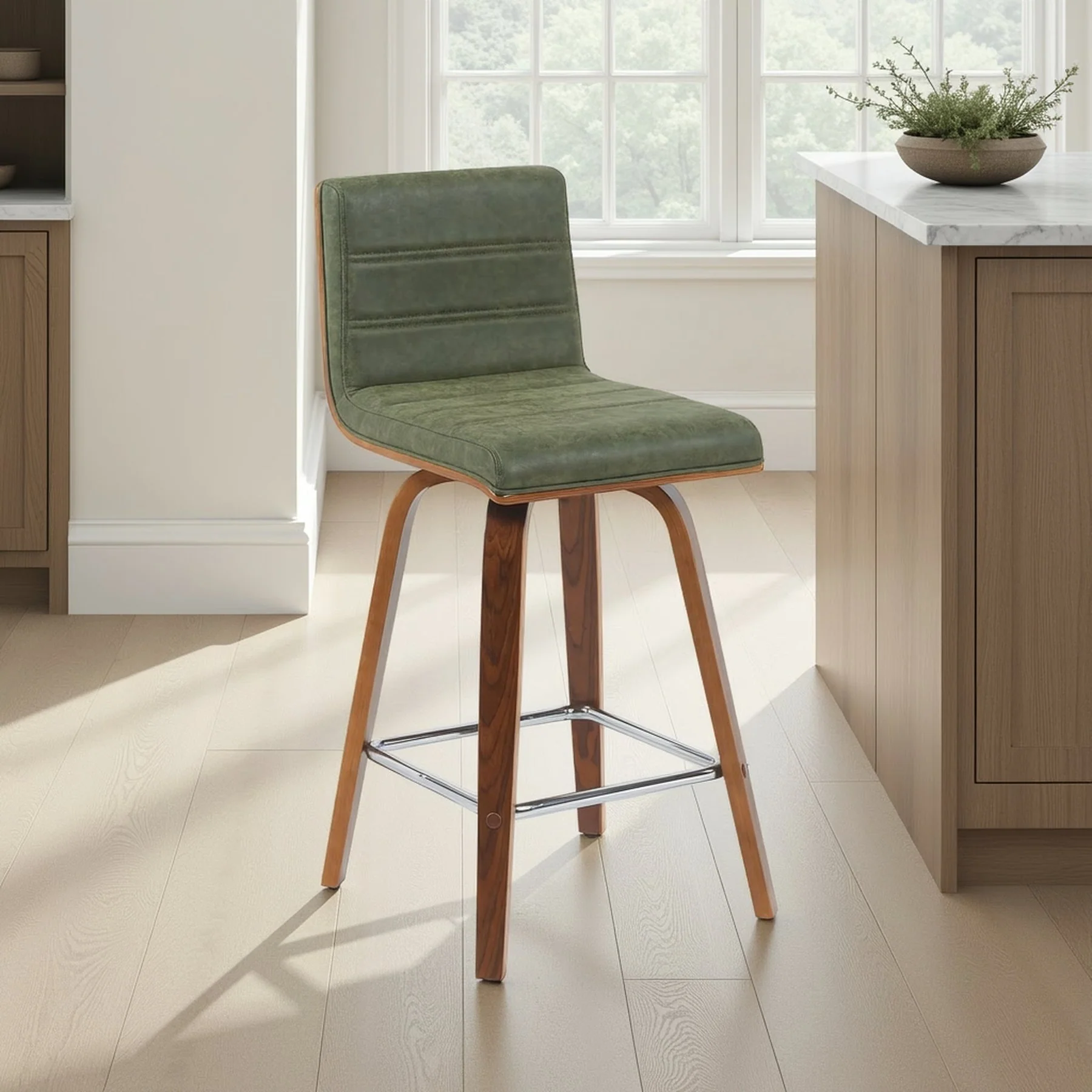 Vienna Modern Counter Height Swivel Bar Stool with Vintage Green Upholstered Seat and Walnut Finished Wood Frame - Image 7