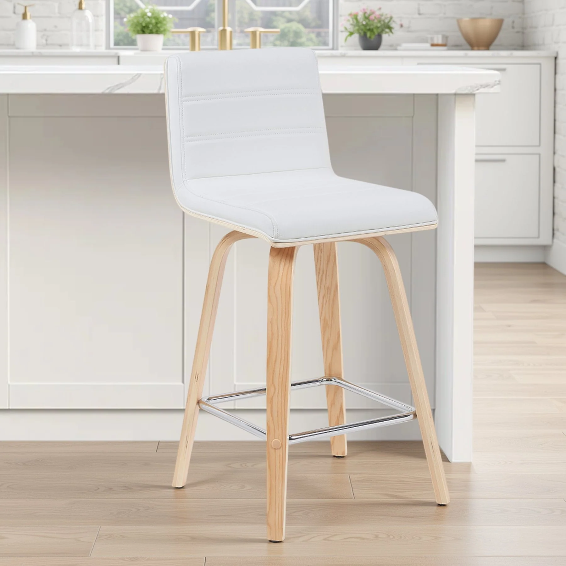 Vienna Modern Counter Height Swivel Bar Stool with White Faux Leather Seat and Patterned Oak Wood Frame - Image 7