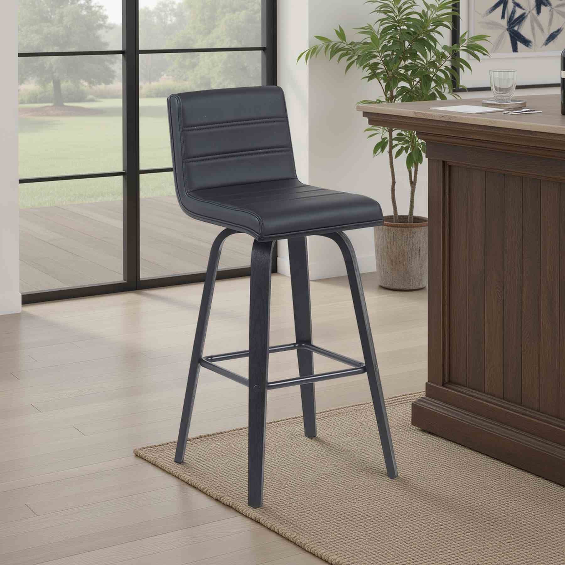 Vienna Modern Swivel Bar Height Stool with Black Faux Leather Seat and Black Brushed Wood Frame - Image 7