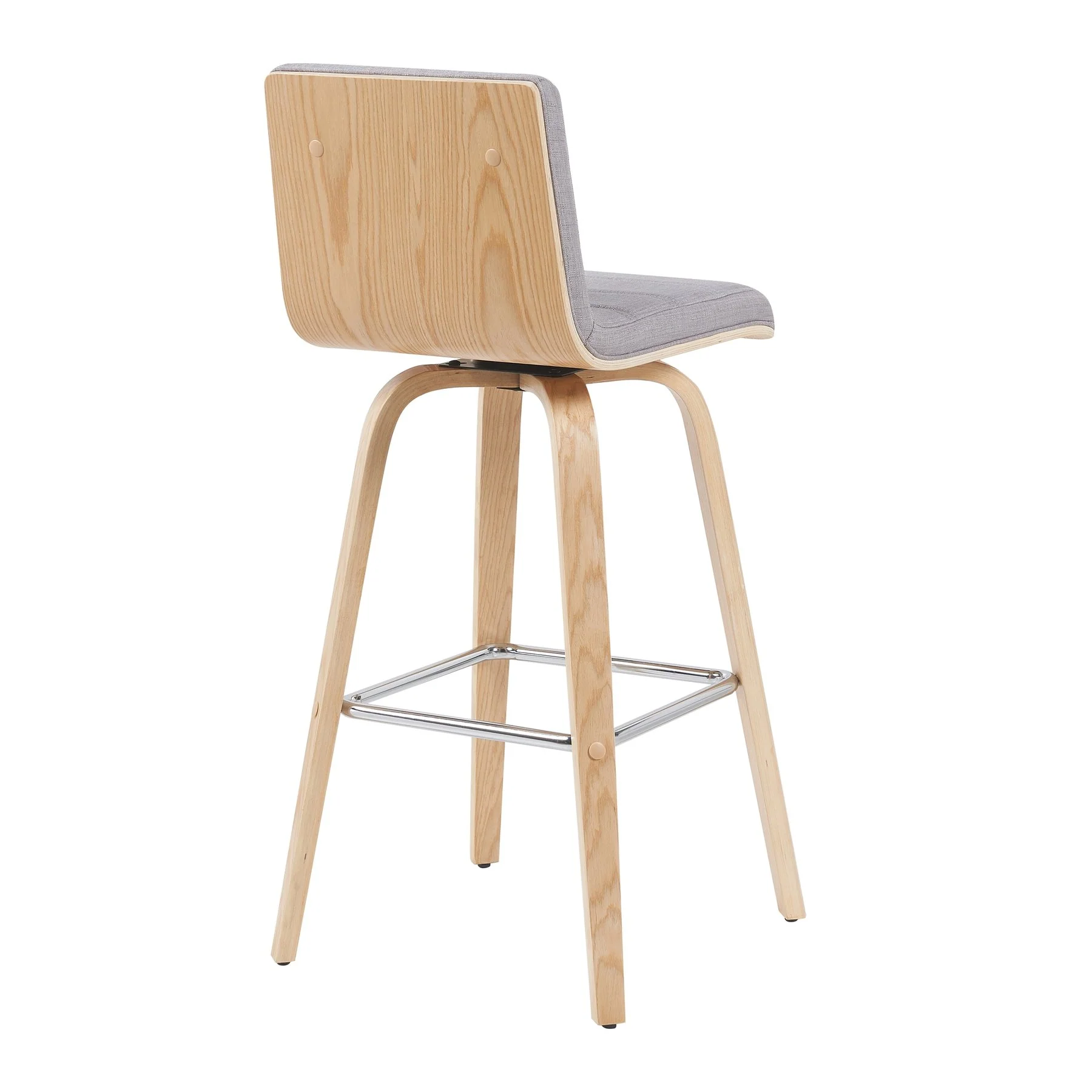 Vienna Modern Swivel Bar Height Stool with Grey Upholstered Seat and Patterned Oak Wood Frame - Image 3