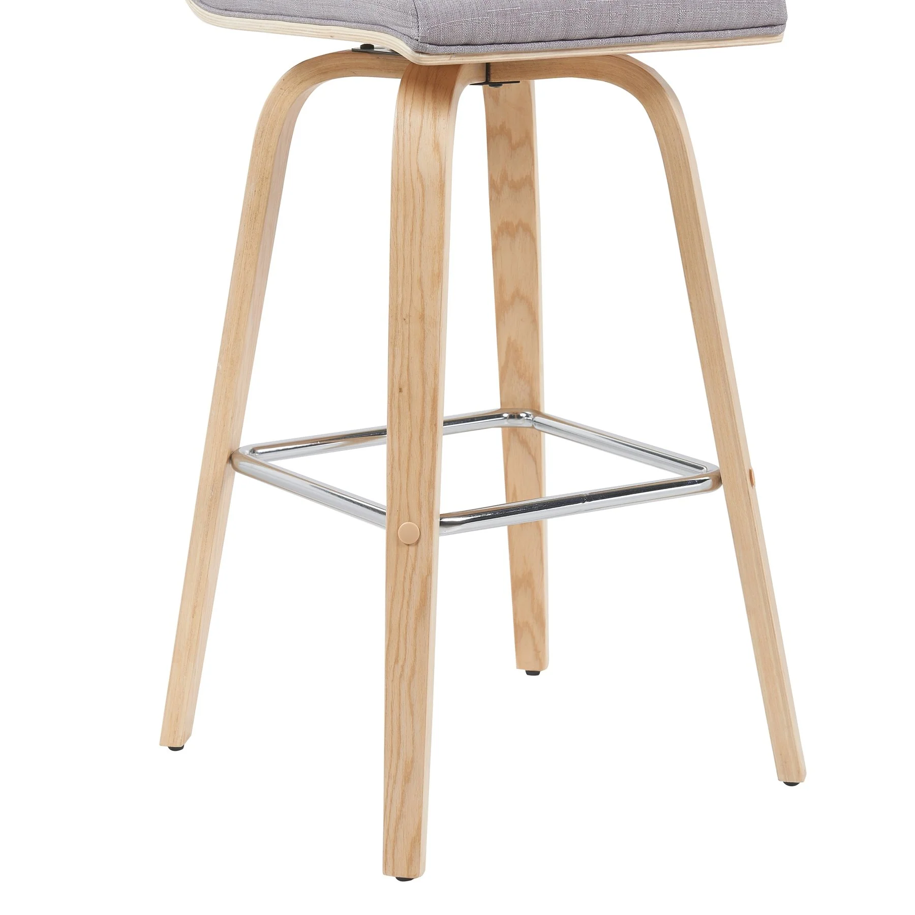 Vienna Modern Swivel Bar Height Stool with Grey Upholstered Seat and Patterned Oak Wood Frame - Image 6