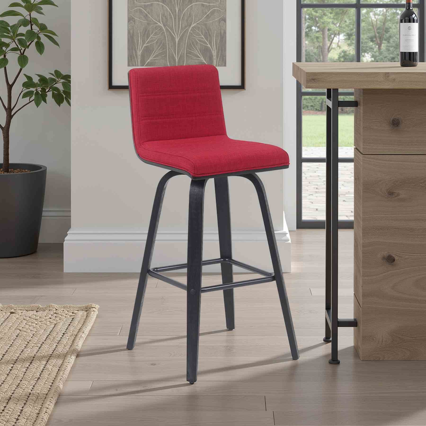 Vienna Modern Swivel Bar Height Stool with Red Upholstered Seat and Brushed Wood Frame - Image 7
