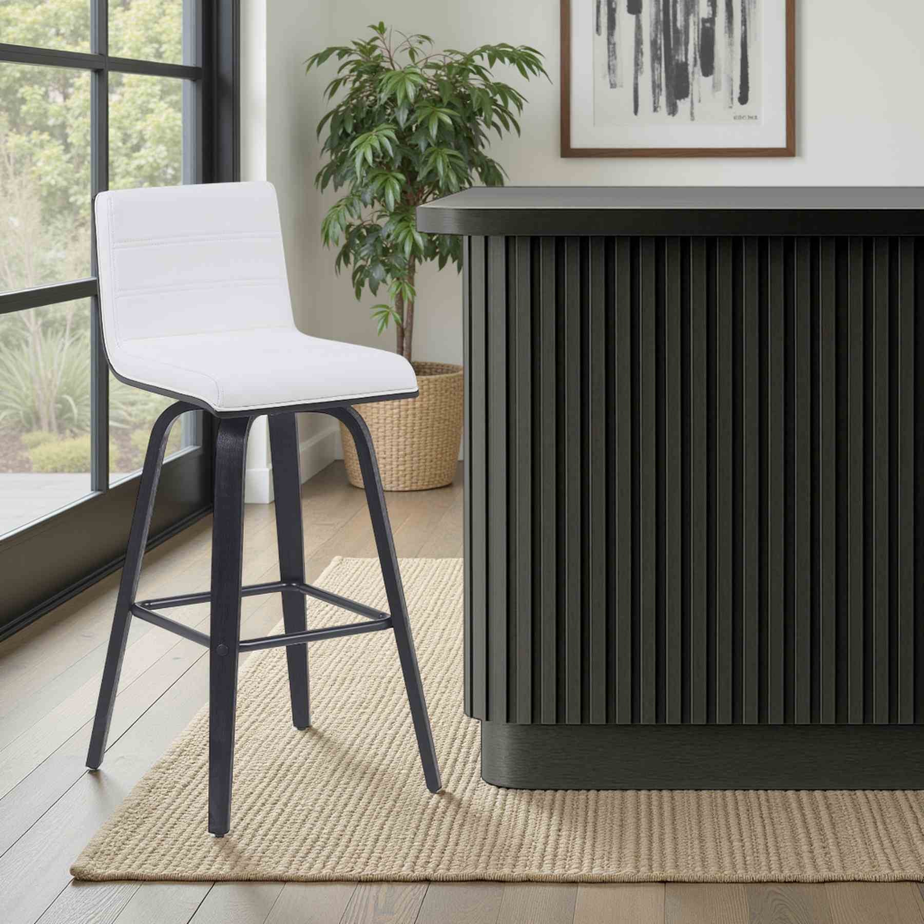 Vienna Modern Swivel Bar Height Stool with Snow White Faux Leather Seat and Black Brushed Wood Frame - Image 7