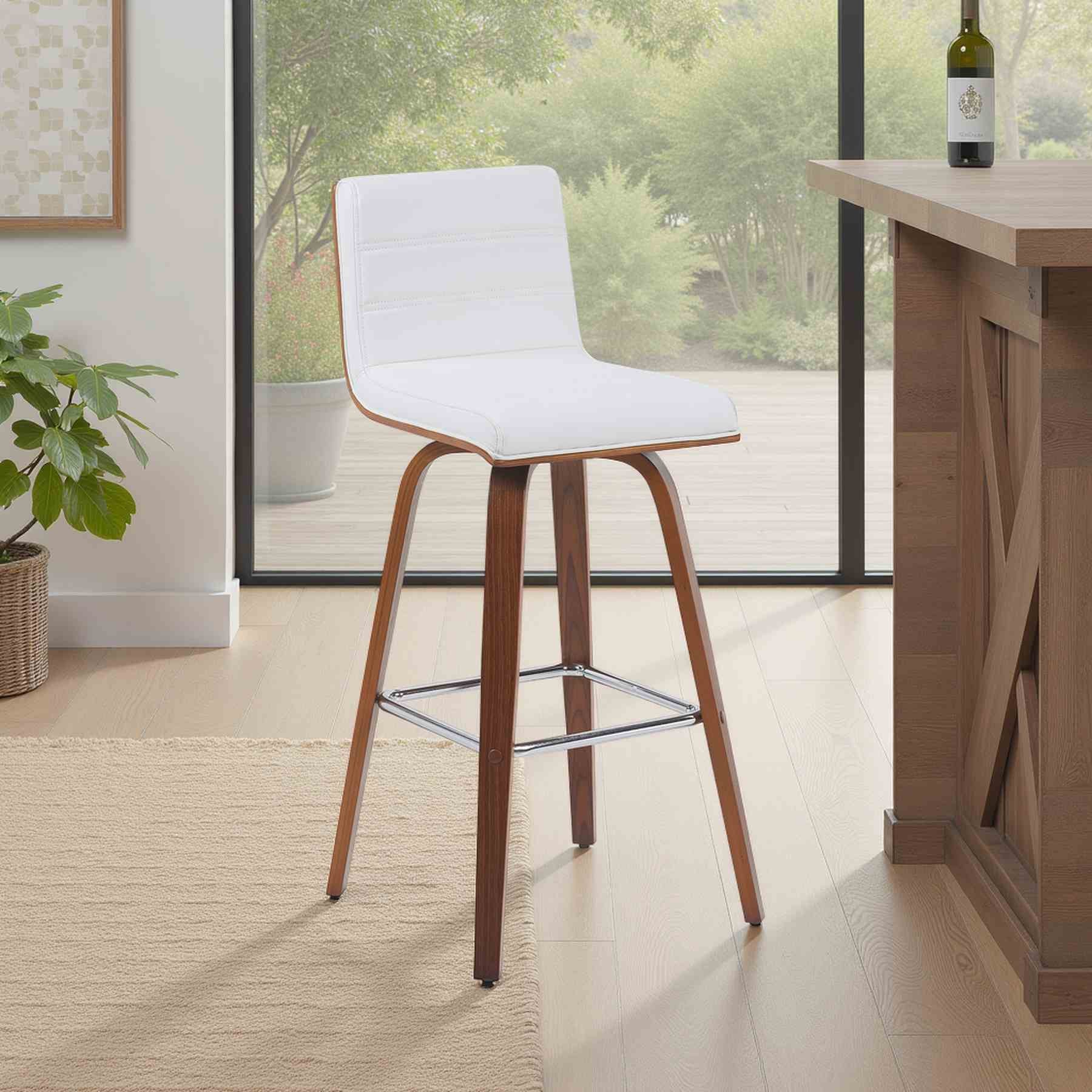 Vienna Modern Swivel Bar Height Stool with Snow White Faux Leather Seat and Walnut Finished Wood Frame - Image 7