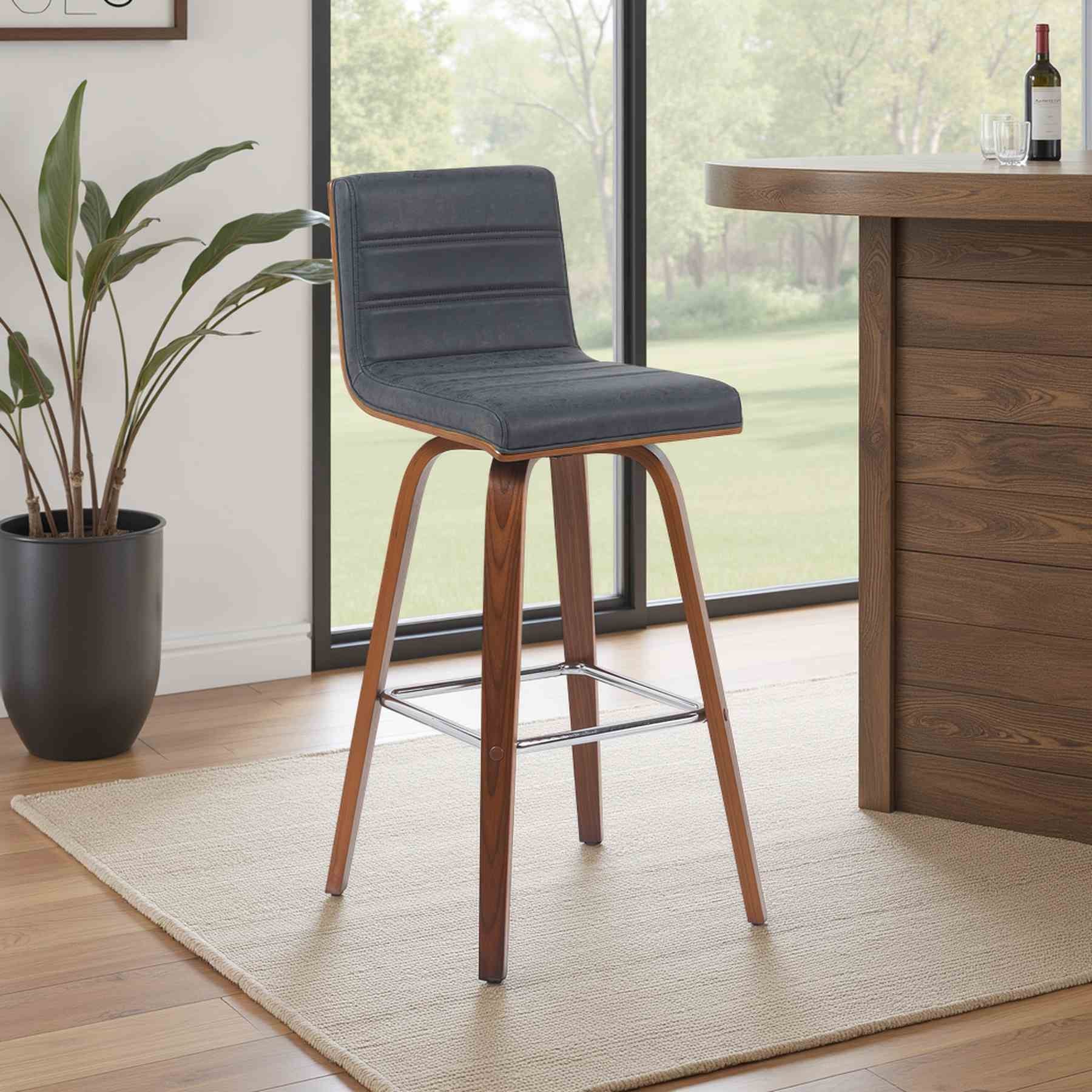 Vienna Modern Swivel Bar Height Stool with Vintage Black Upholstered Seat and Walnut Finished Wood Frame - Image 7