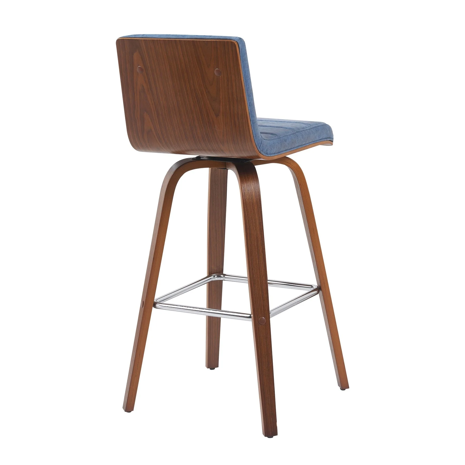Vienna Modern Swivel Bar Height Stool with Vintage Blue Upholstered Seat and Walnut Finished Wood Frame - Image 3