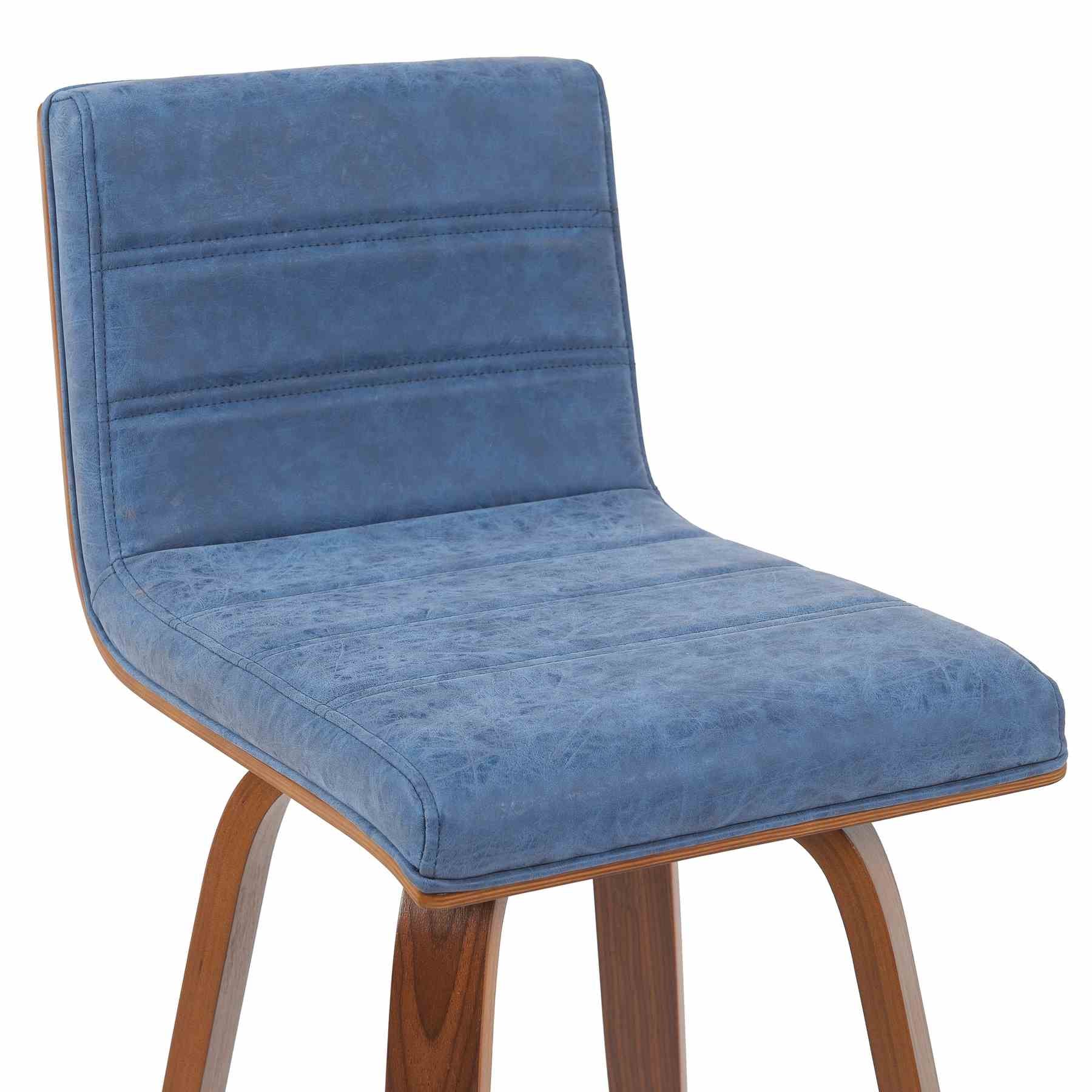 Vienna Modern Swivel Bar Height Stool with Vintage Blue Upholstered Seat and Walnut Finished Wood Frame - Image 4
