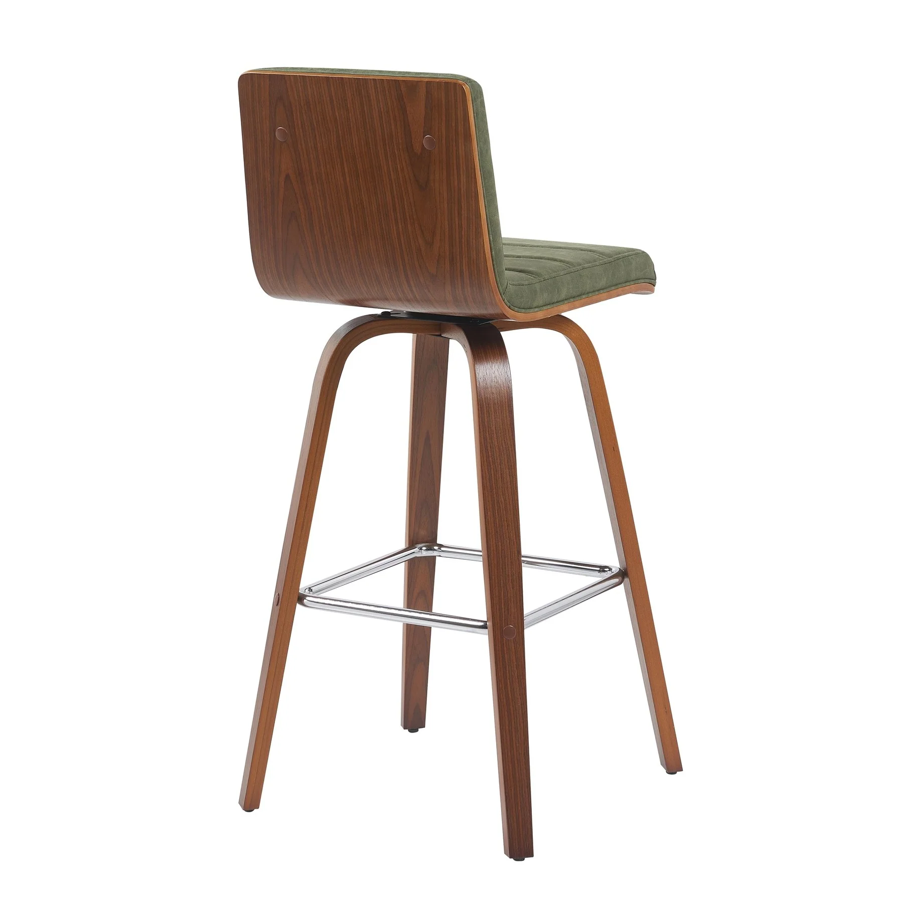 Vienna Modern Swivel Bar Height Stool with Vintage Green Upholstered Seat and Walnut Finished Wood Frame - Image 3