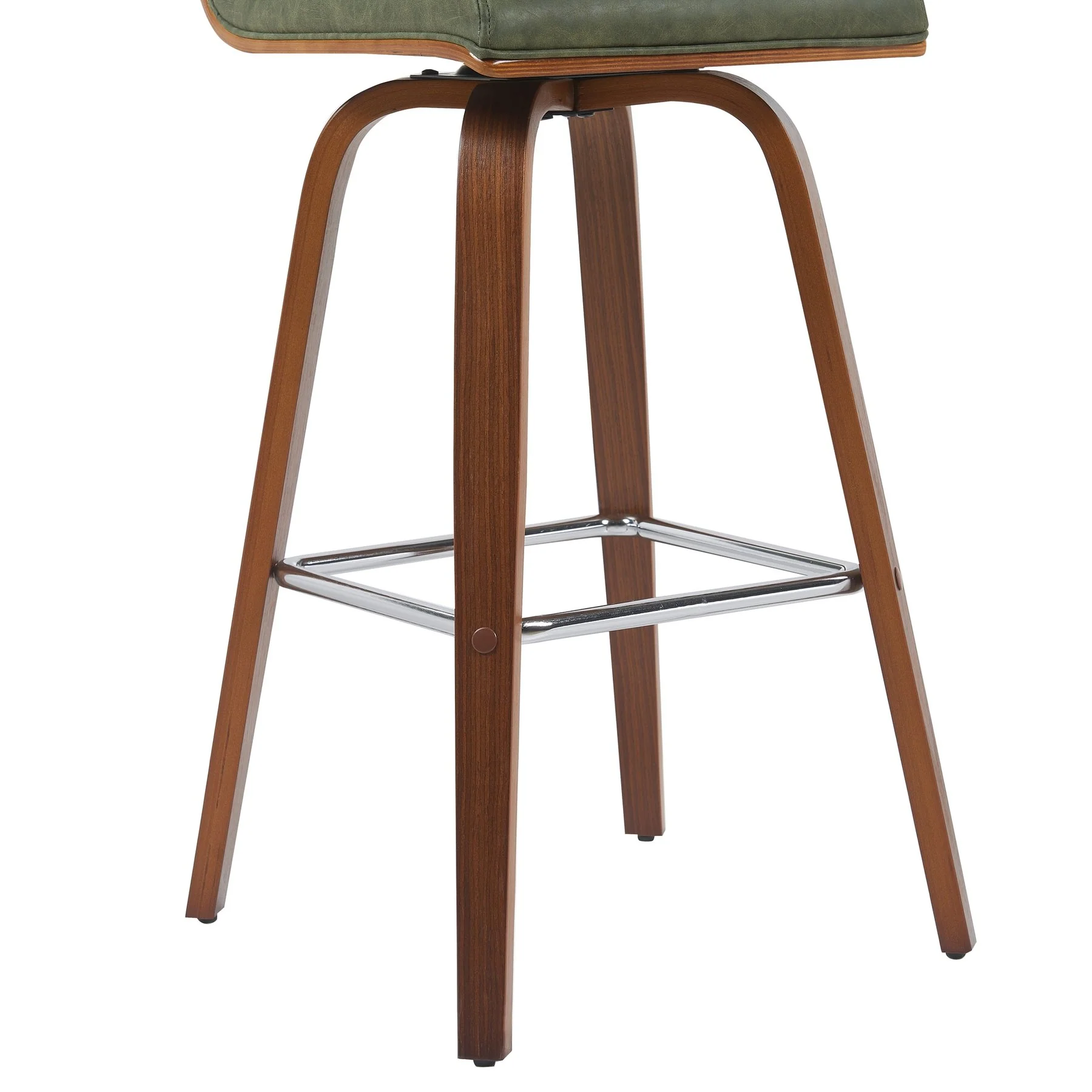 Vienna Modern Swivel Bar Height Stool with Vintage Green Upholstered Seat and Walnut Finished Wood Frame - Image 6