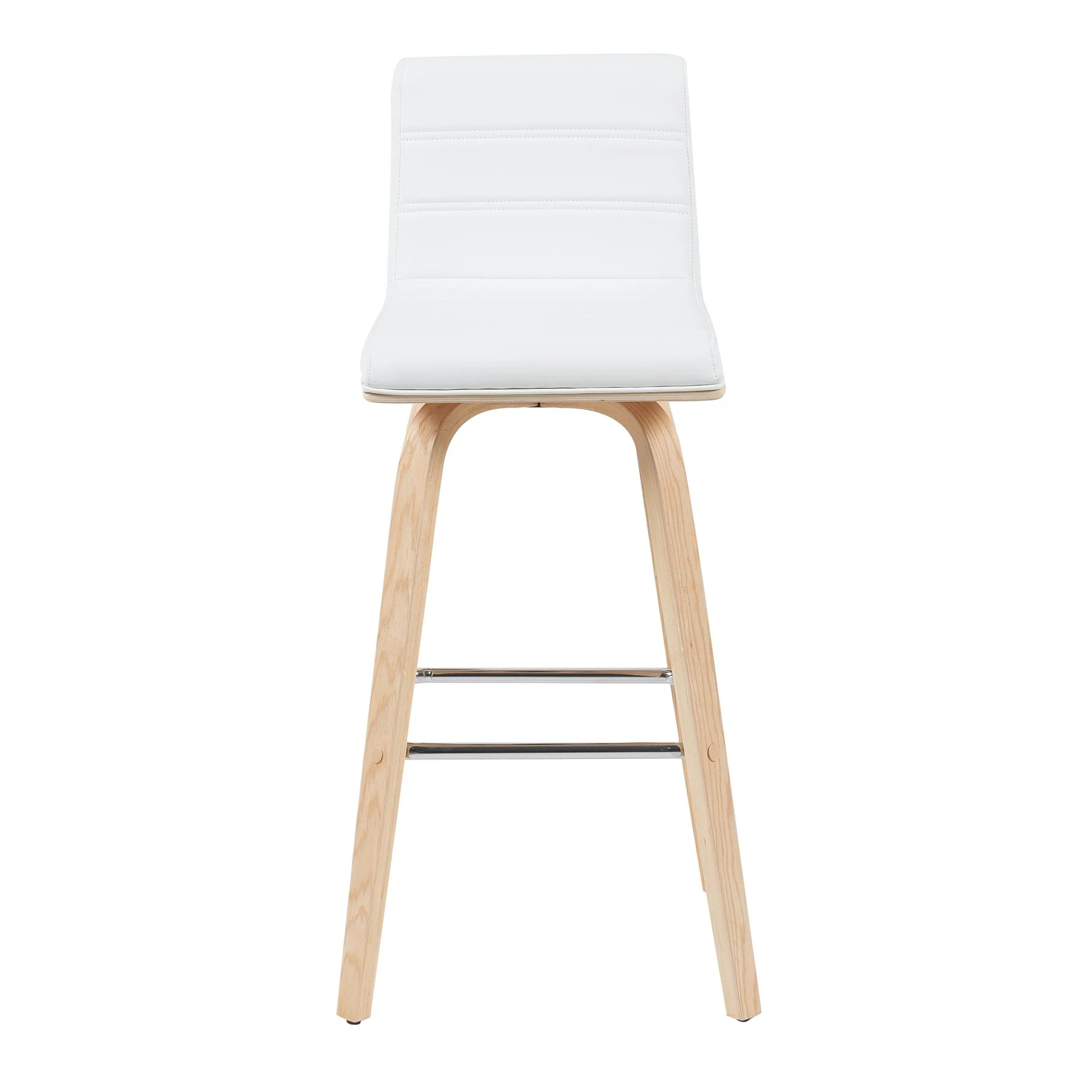 Vienna Modern Swivel Bar Height Stool with White Faux Leather Seat and Patterned Oak Wood Frame - Image 2