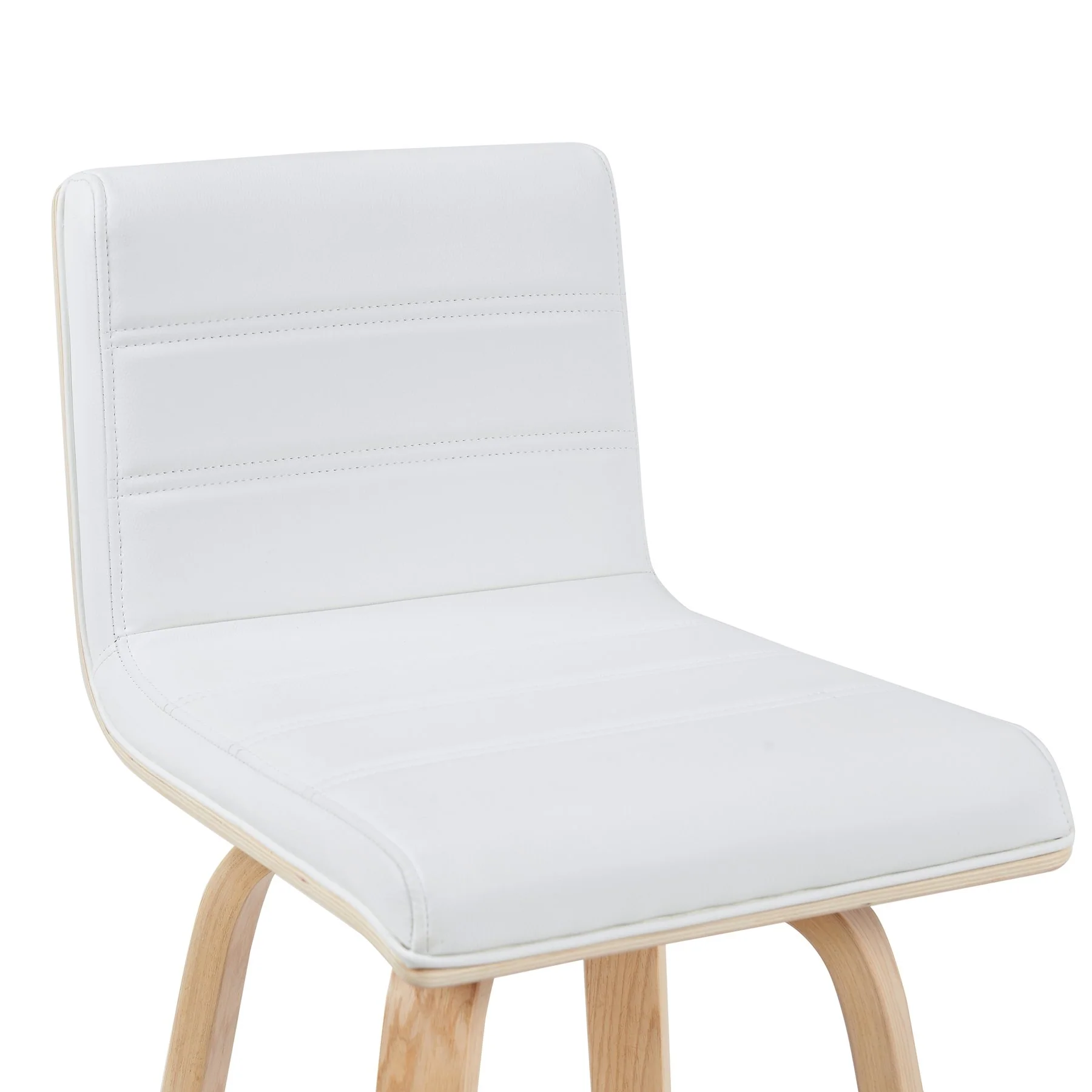 Vienna Modern Swivel Bar Height Stool with White Faux Leather Seat and Patterned Oak Wood Frame - Image 4