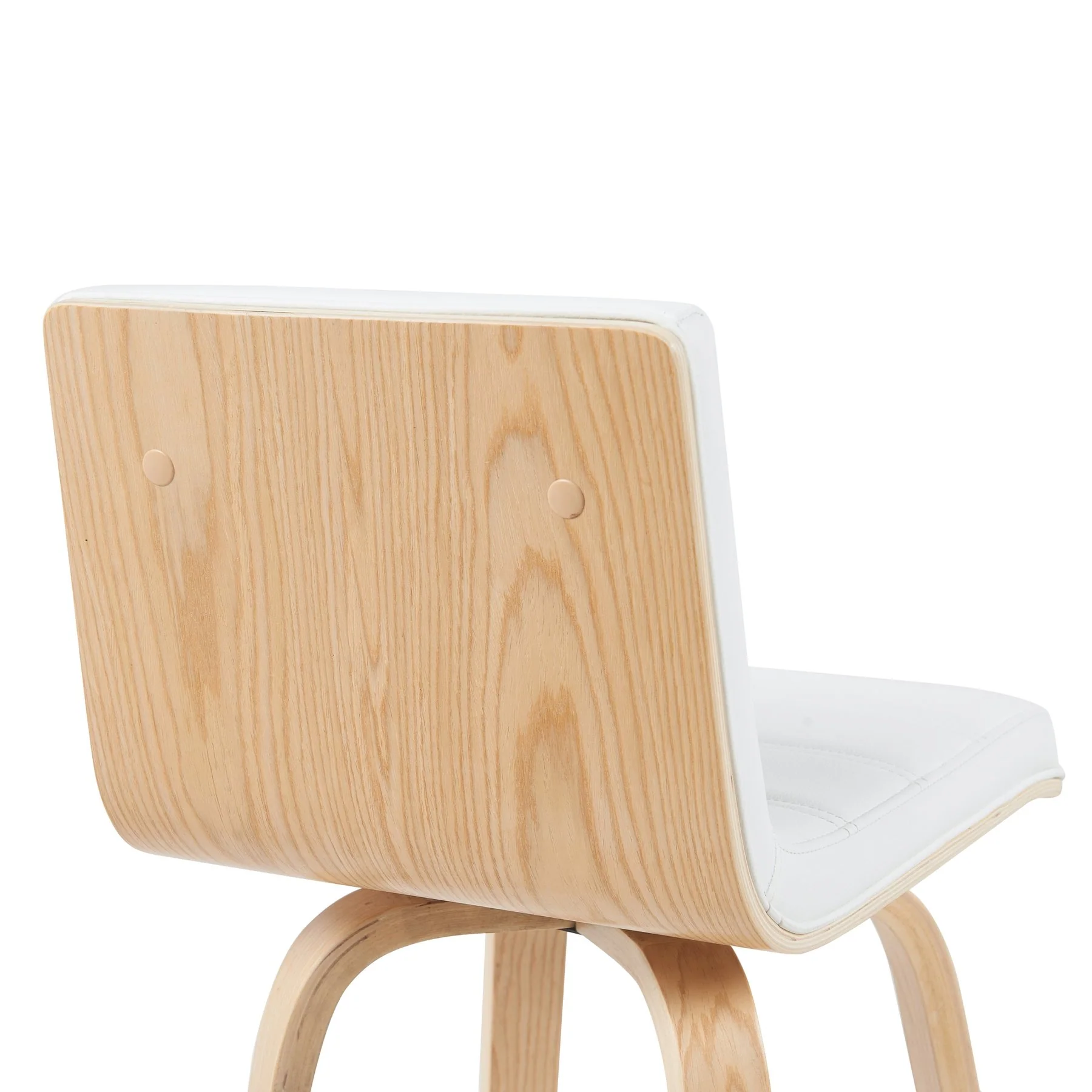 Vienna Modern Swivel Bar Height Stool with White Faux Leather Seat and Patterned Oak Wood Frame - Image 5