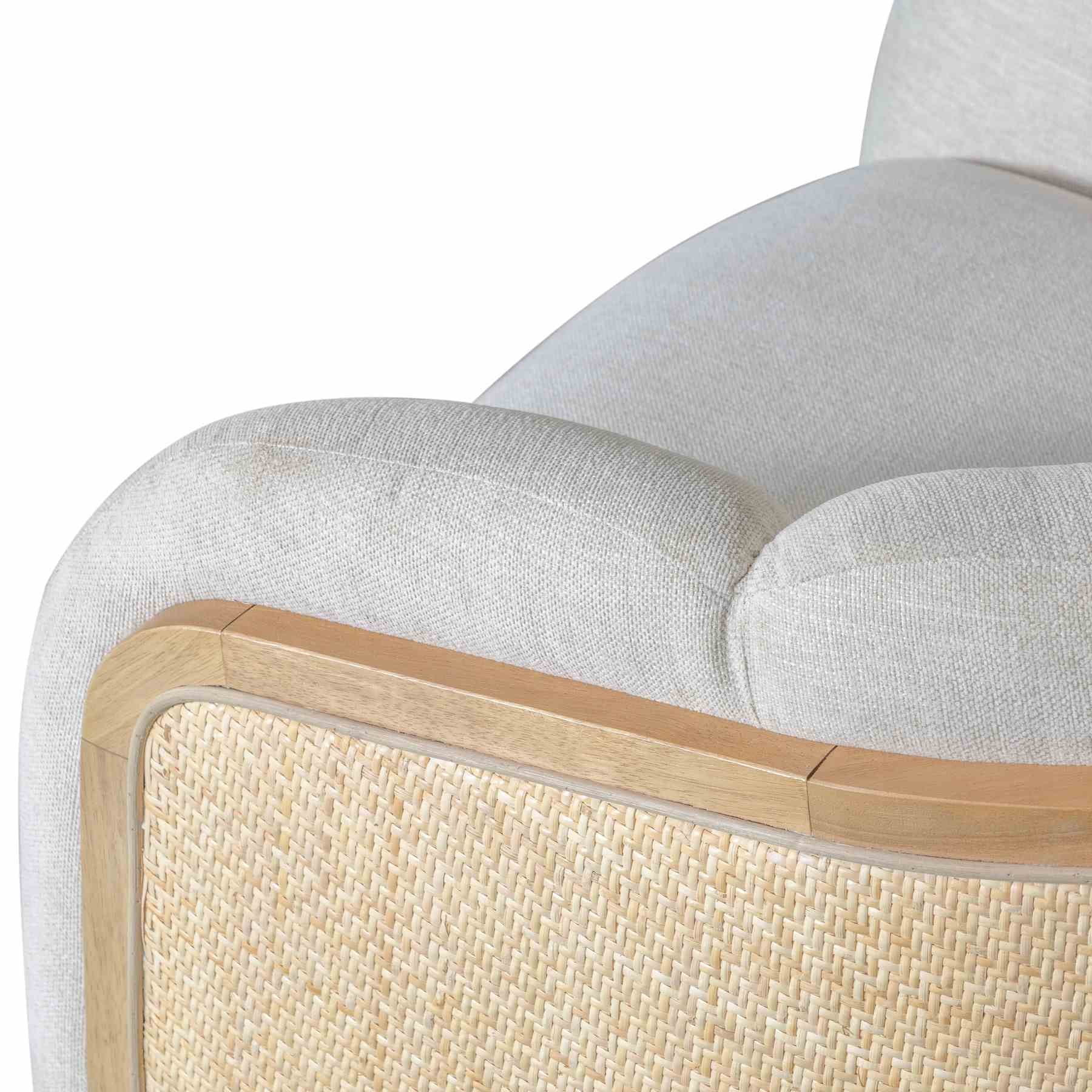 Violet Accent Chair in Soft Oat Fabric with Natural Wood Finish and Rattan Back - Image 6