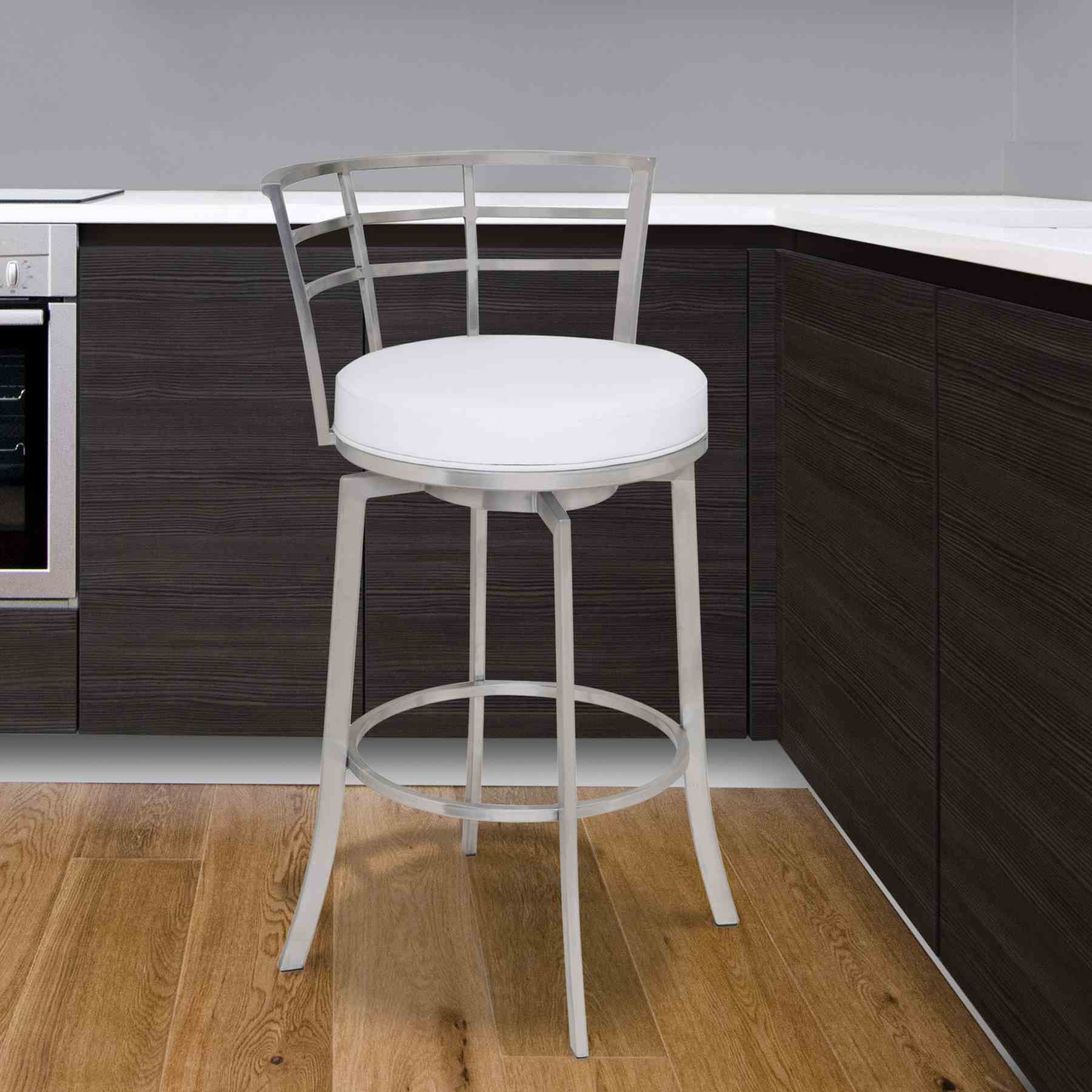 Viper 26" Counter Height Swivel White Faux Leather and Brushed Stainless Steel Bar Stool - Image 4