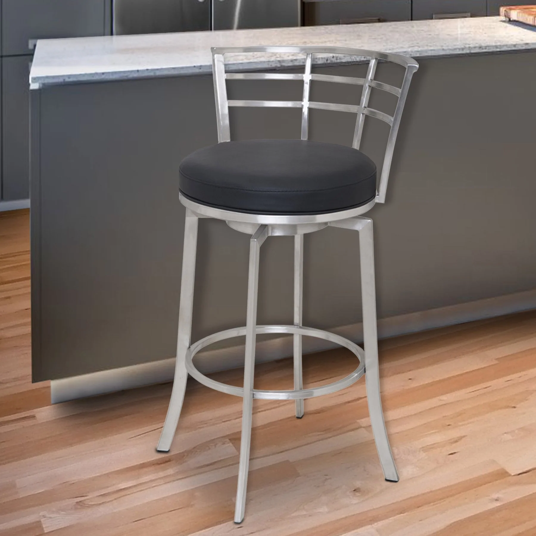 Viper 30" Bar Height Swivel Black Faux Leather and Brushed Stainless Steel Bar Stool - Image 4