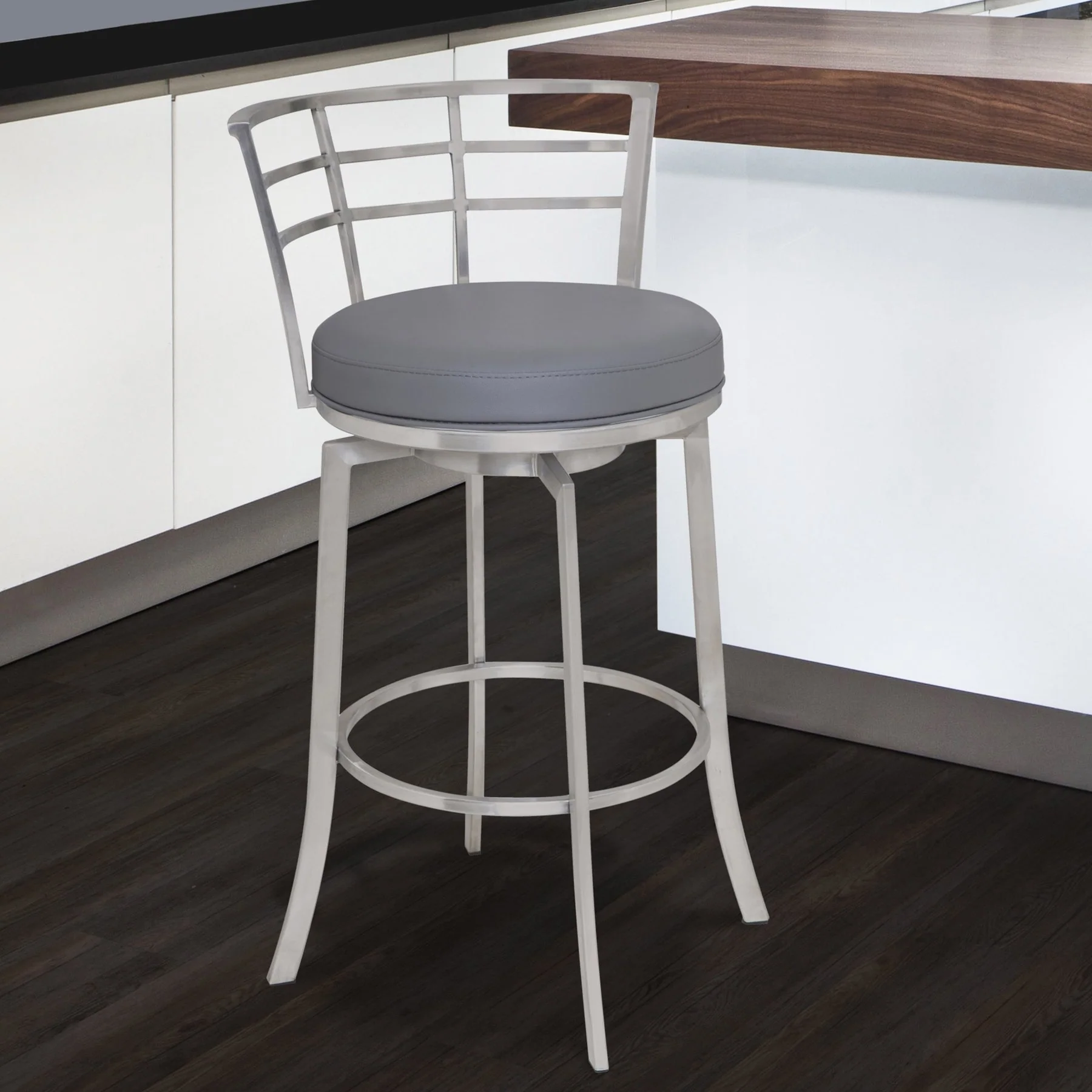 Viper 30" Bar Height Swivel Gray Faux Leather and Brushed Stainless Steel Bar Stool - Image 4
