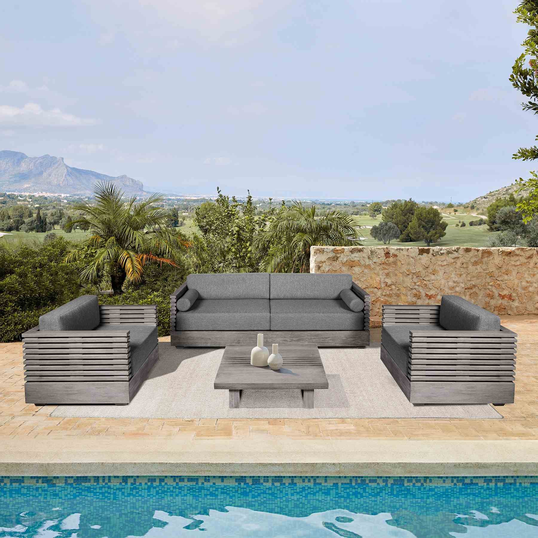 Vivid Outdoor Patio 4 Piece Conversation Set in Gray Eucalyptus Wood with Gray Olefin Cushions - Image 13