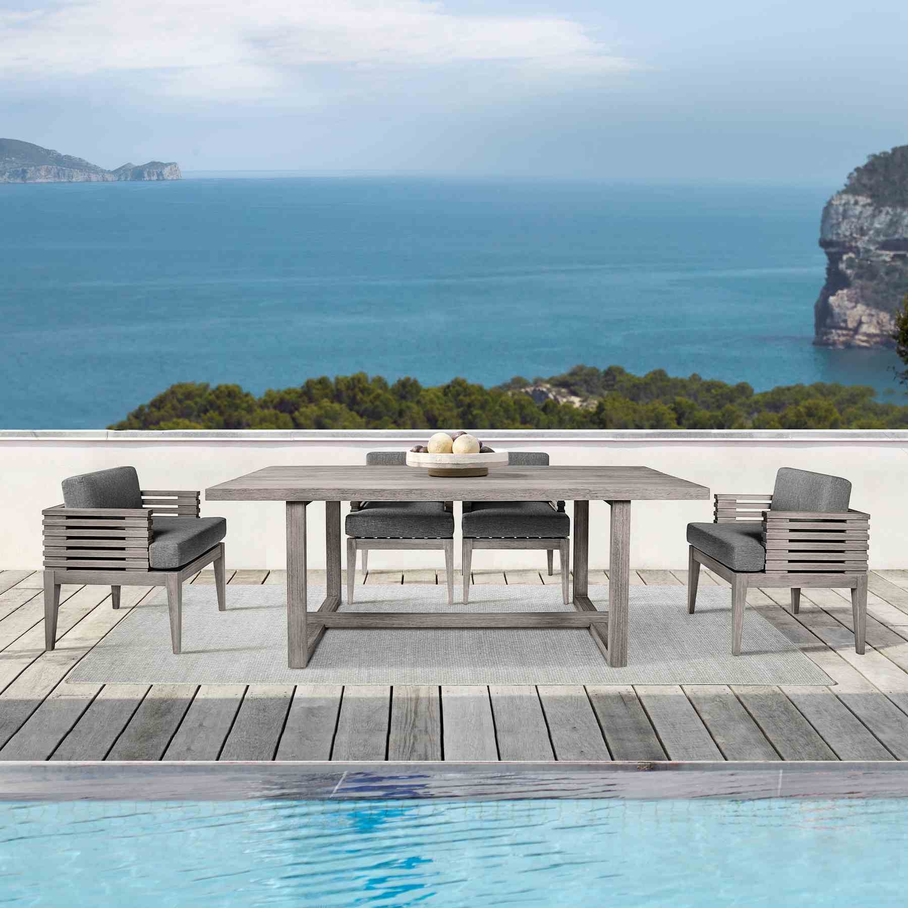Vivid Outdoor Patio 5 Piece Dining Set in Gray Eucalyptus Wood with Gray Olefin Cushions - Image 13