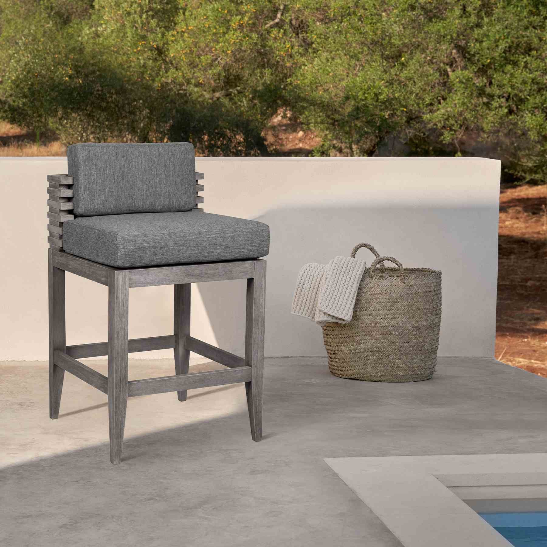 Vivid Outdoor Patio Bar Stool in Gray Eucalyptus Wood with Gray Olefin Cushions - Image 11