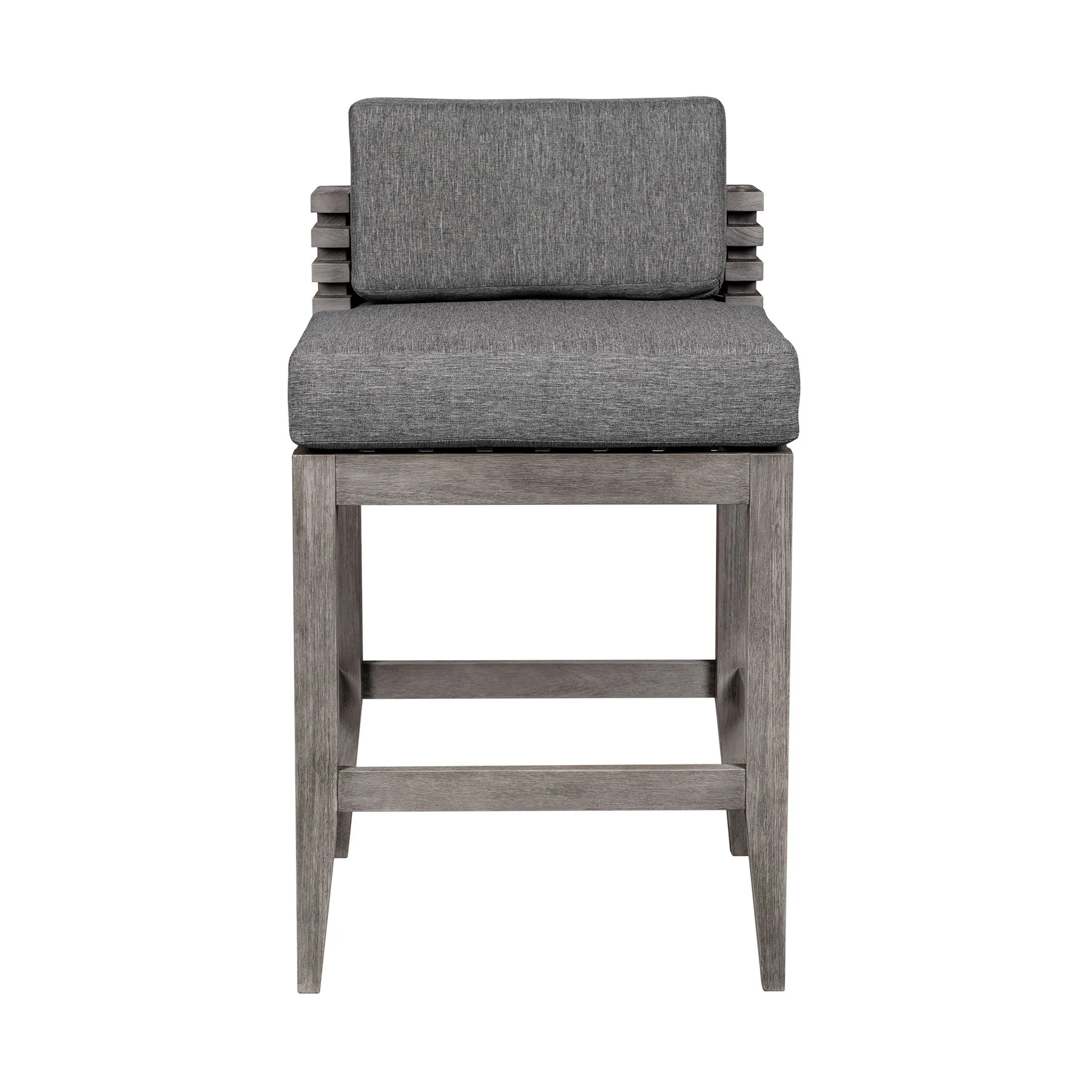 Vivid Outdoor Patio Bar Stool in Gray Eucalyptus Wood with Gray Olefin Cushions - Image 2