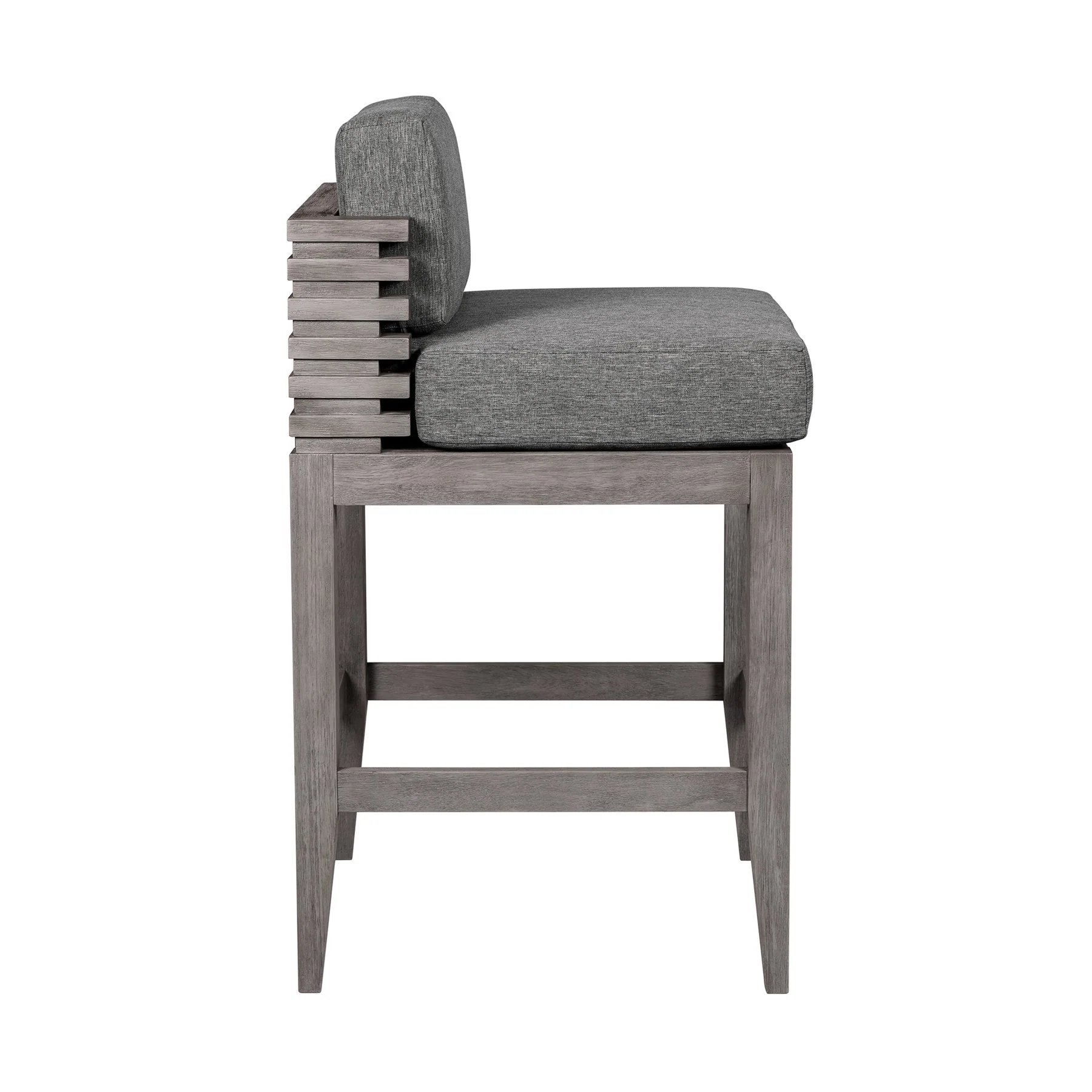 Vivid Outdoor Patio Bar Stool in Gray Eucalyptus Wood with Gray Olefin Cushions - Image 3