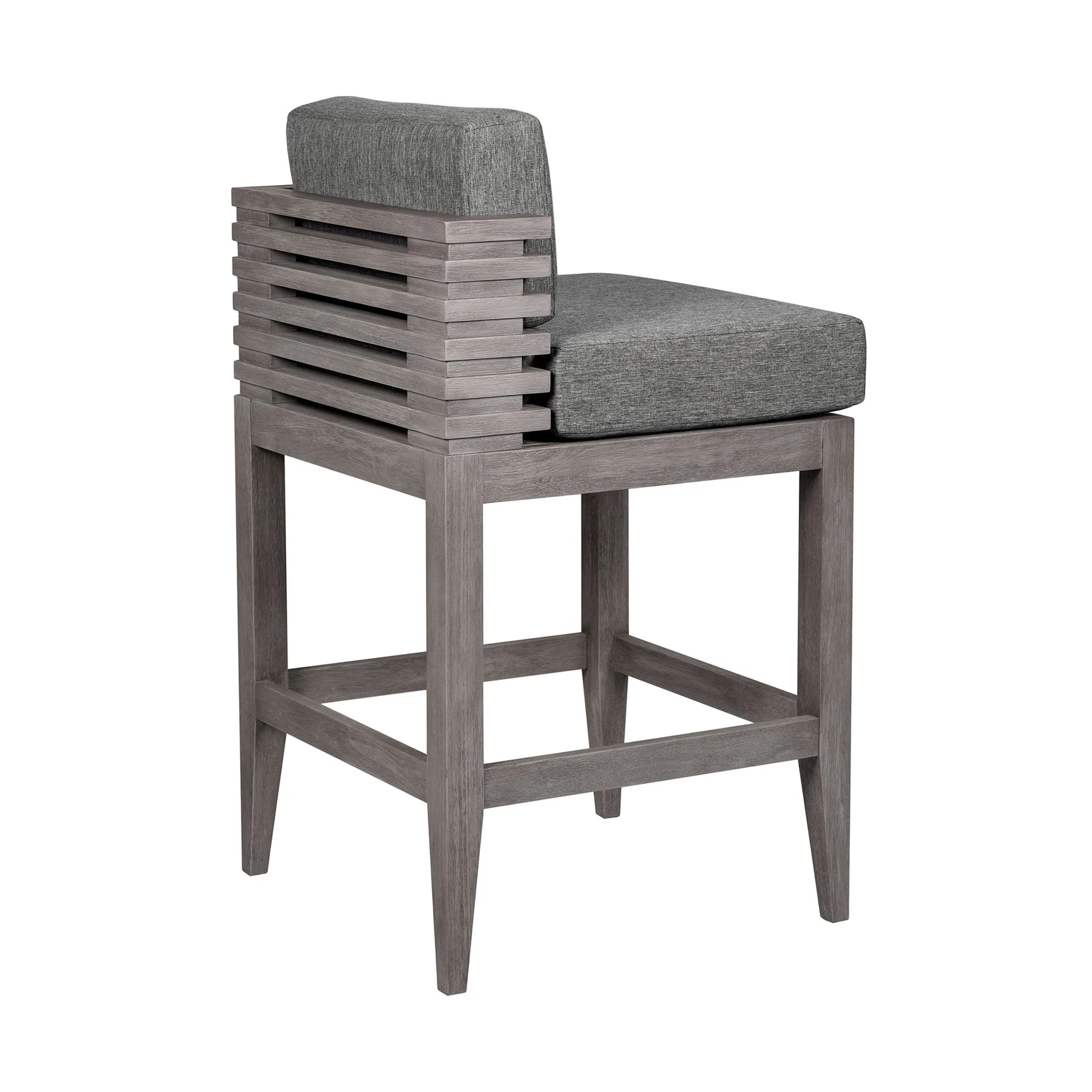Vivid Outdoor Patio Bar Stool in Gray Eucalyptus Wood with Gray Olefin Cushions - Image 4